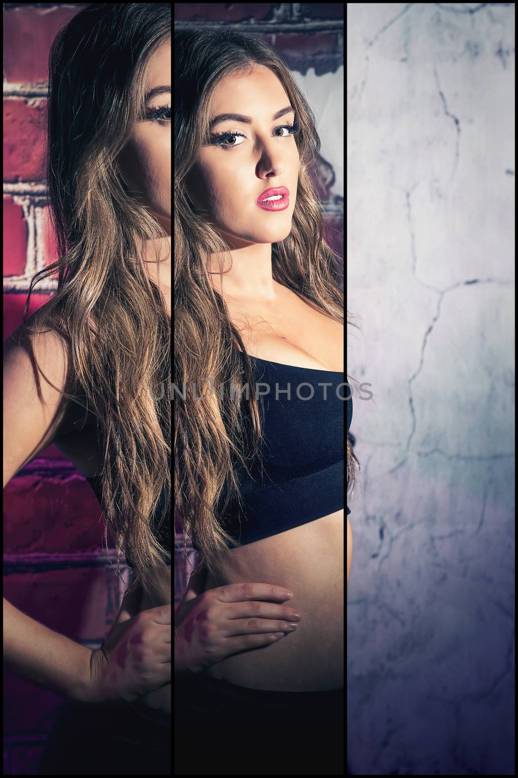 Female fitness model posing in studio. Cinematic Portrait Style with multi panel effect.