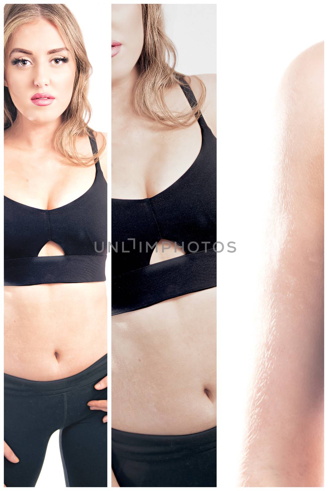 Female fitness model posing in studio. Cinematic Portrait Style with multi panel effect.