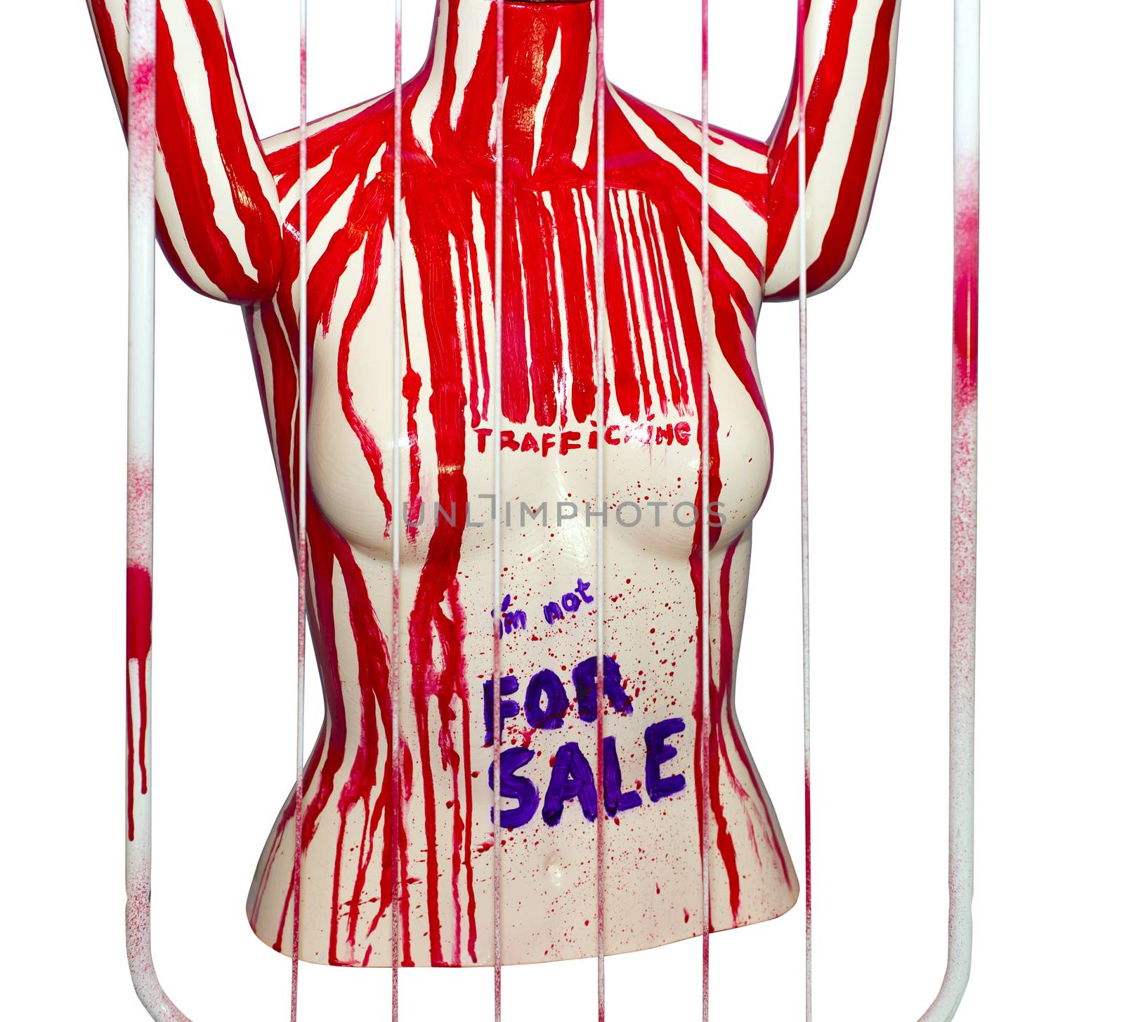 painted mannequin torso depicting the prostitution and slavery trade of women with clipping path