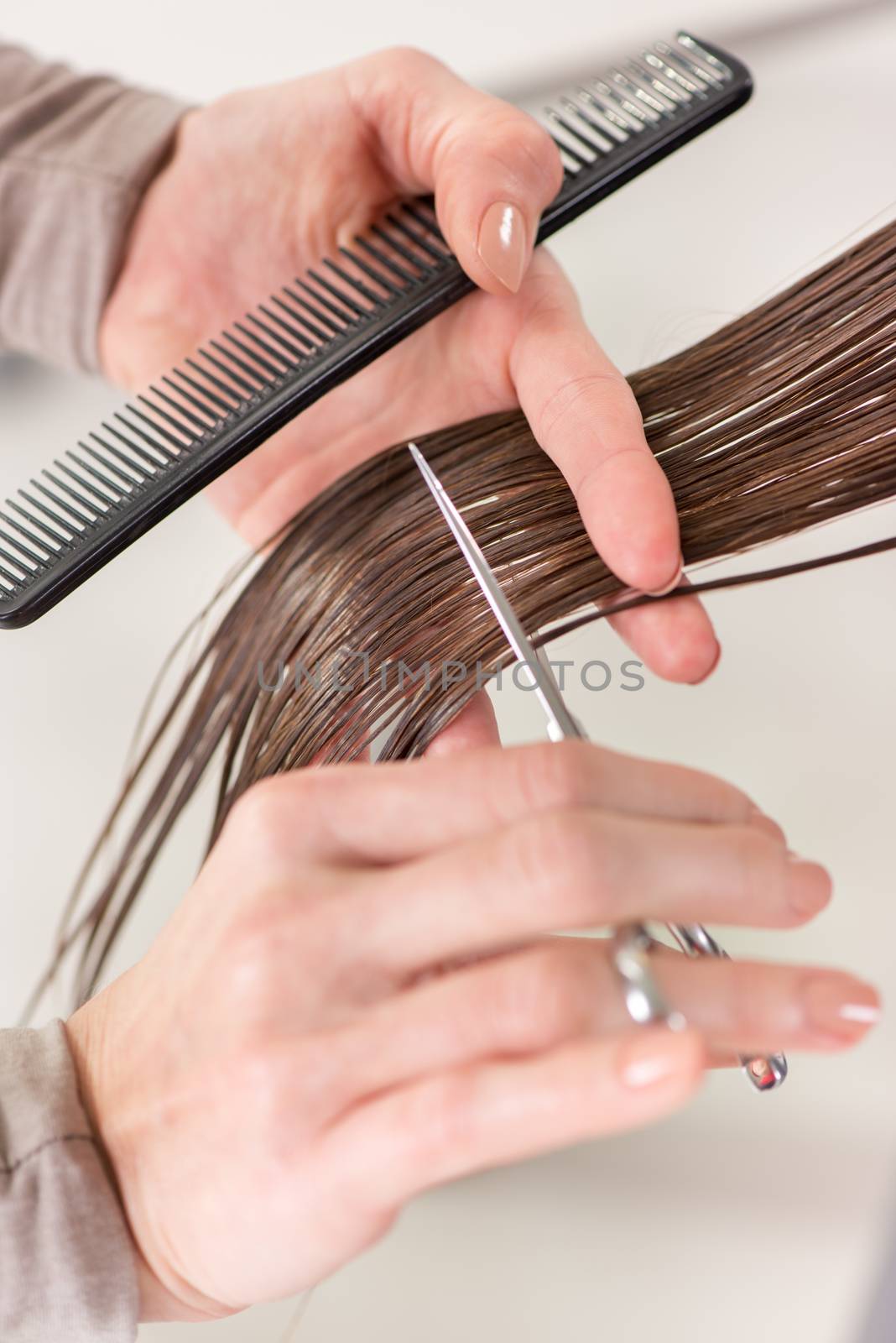 Hairdresser cut hair of a woman. Close-up. 