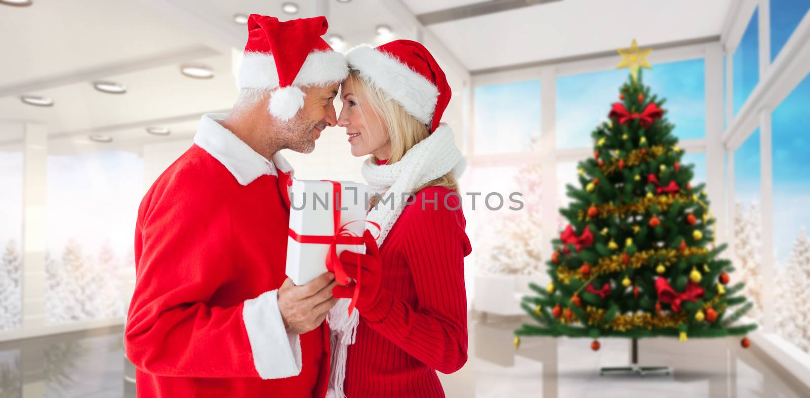 Festive couple against home with christmas tree