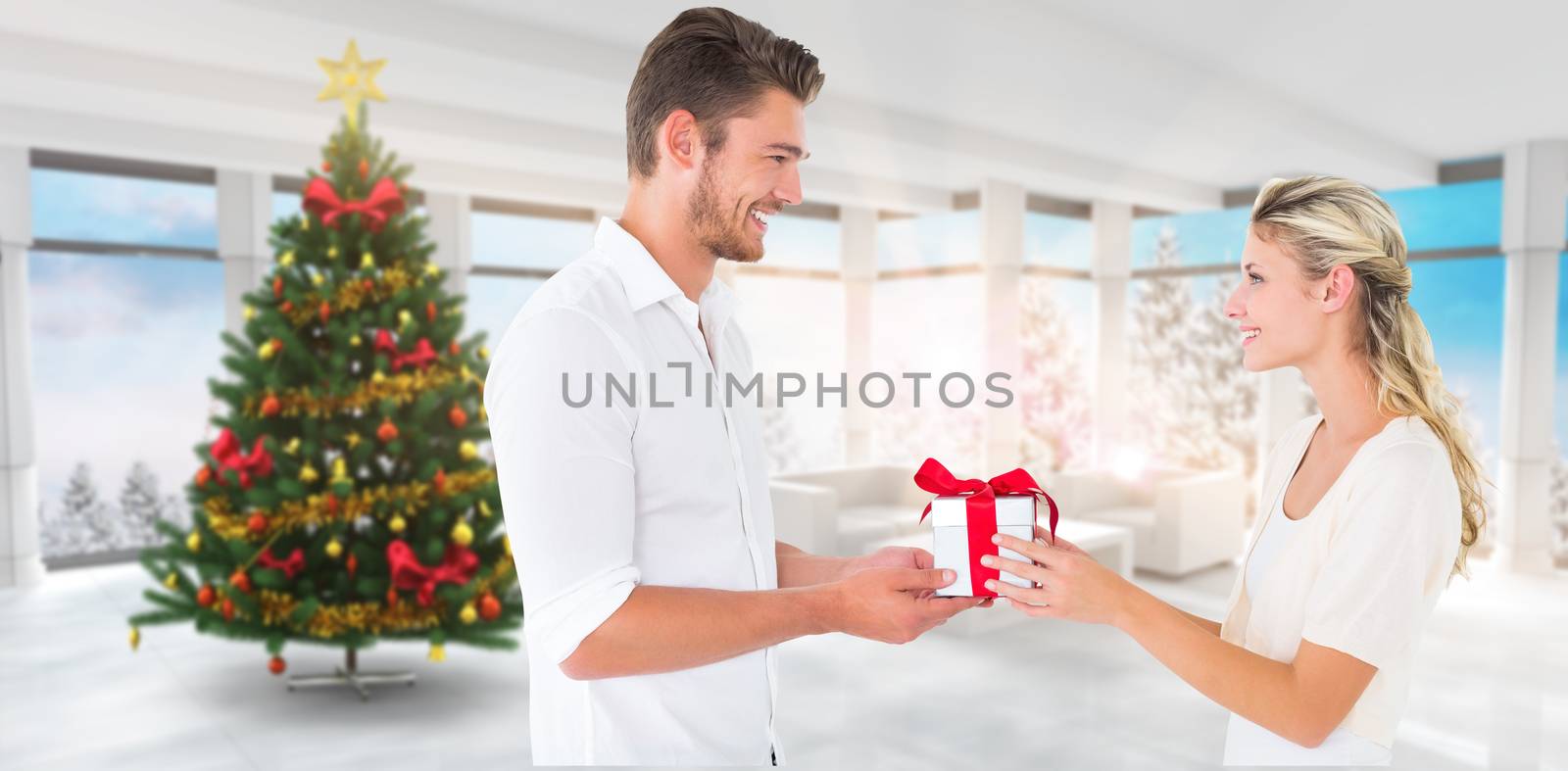 Young couple with gift against home with christmas tree