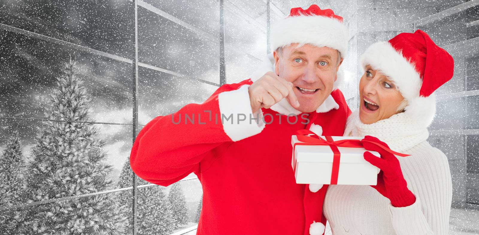 Festive mature couple holding gift against window overlooking snowy forest