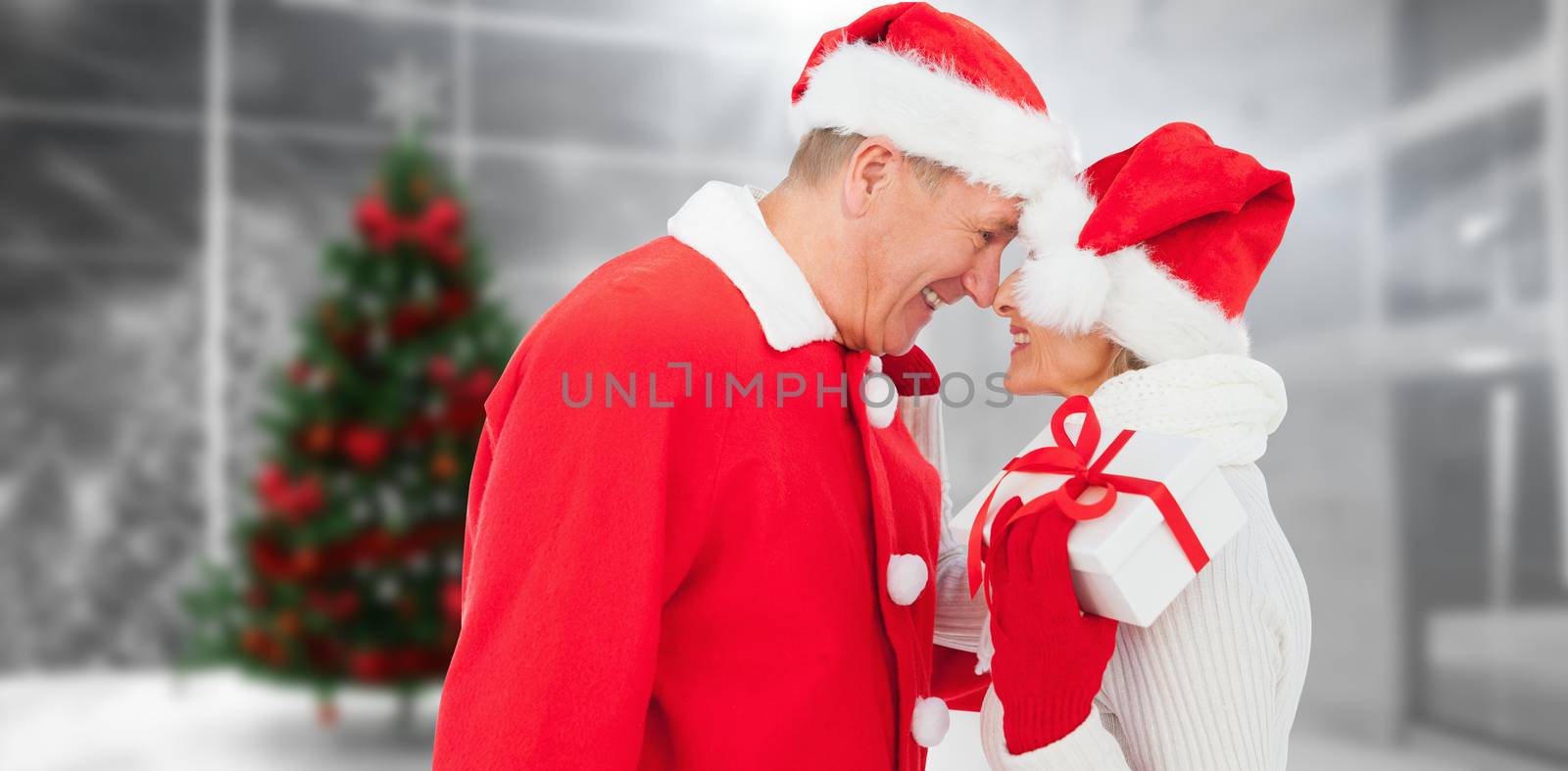 Festive mature couple holding gift against home with christmas tree
