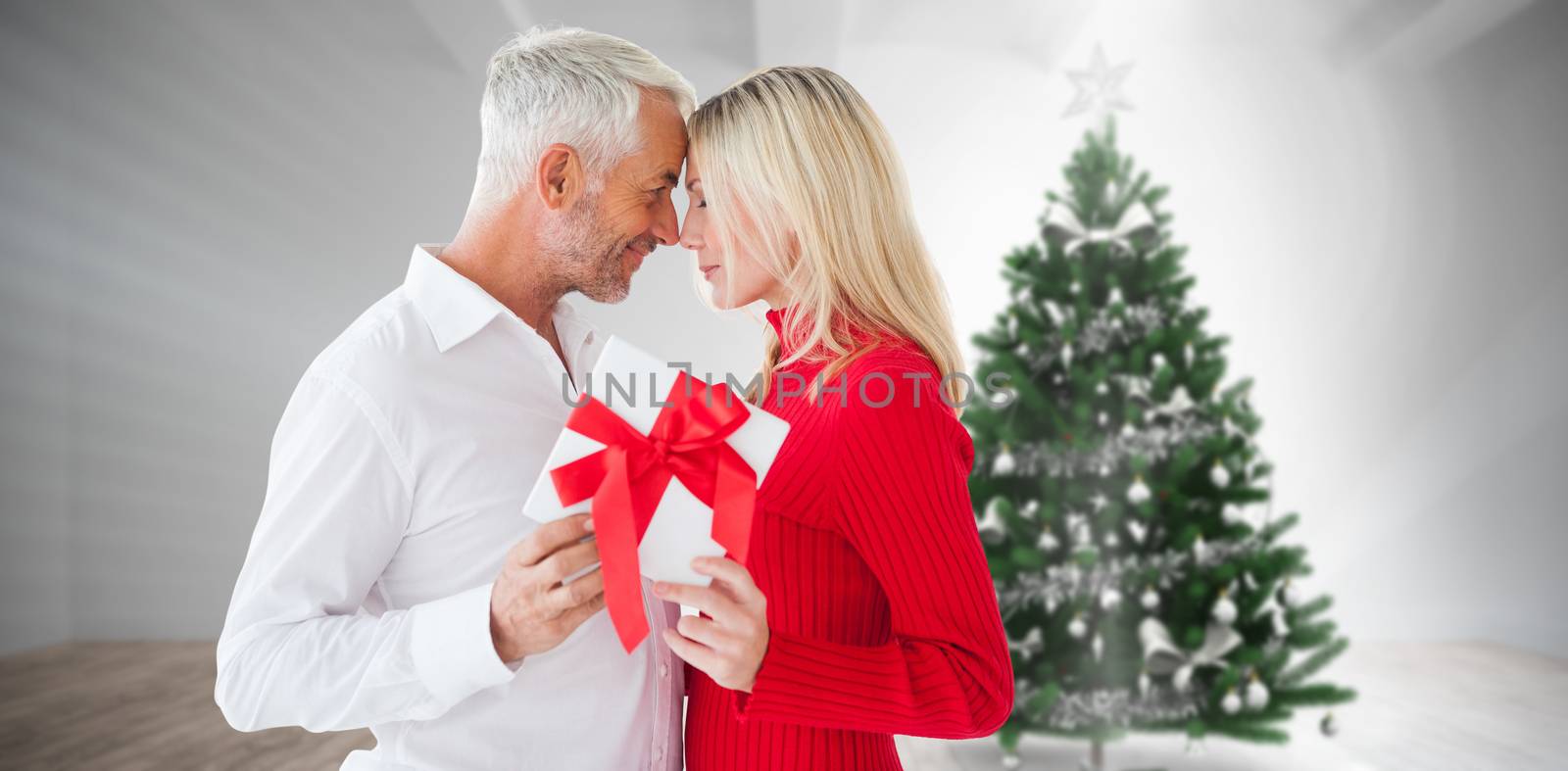 Loving couple with gift against home with christmas tree