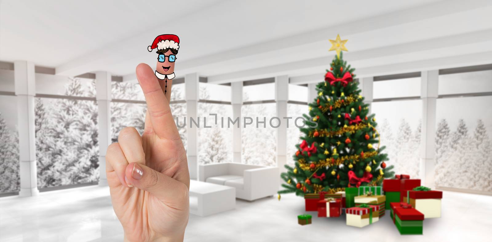 Christmas fingers against home with christmas tree