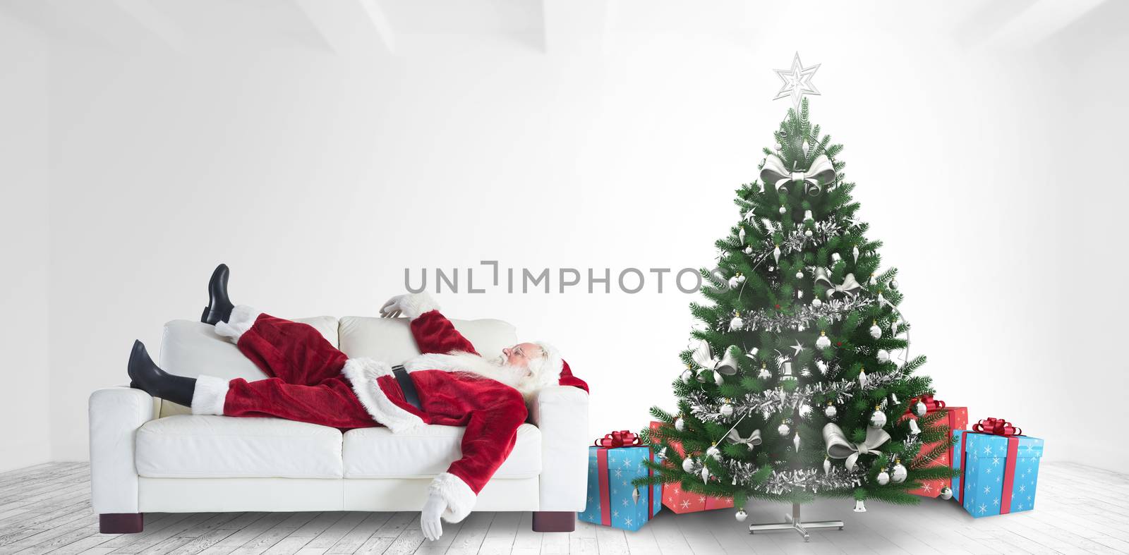 Santa Claus taking a nap against home with christmas tree