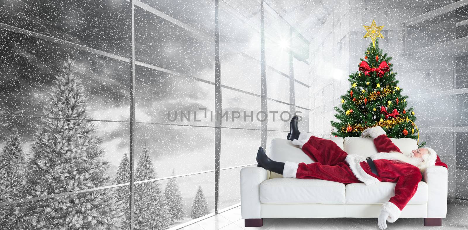 Santa Claus taking a nap against home with christmas tree