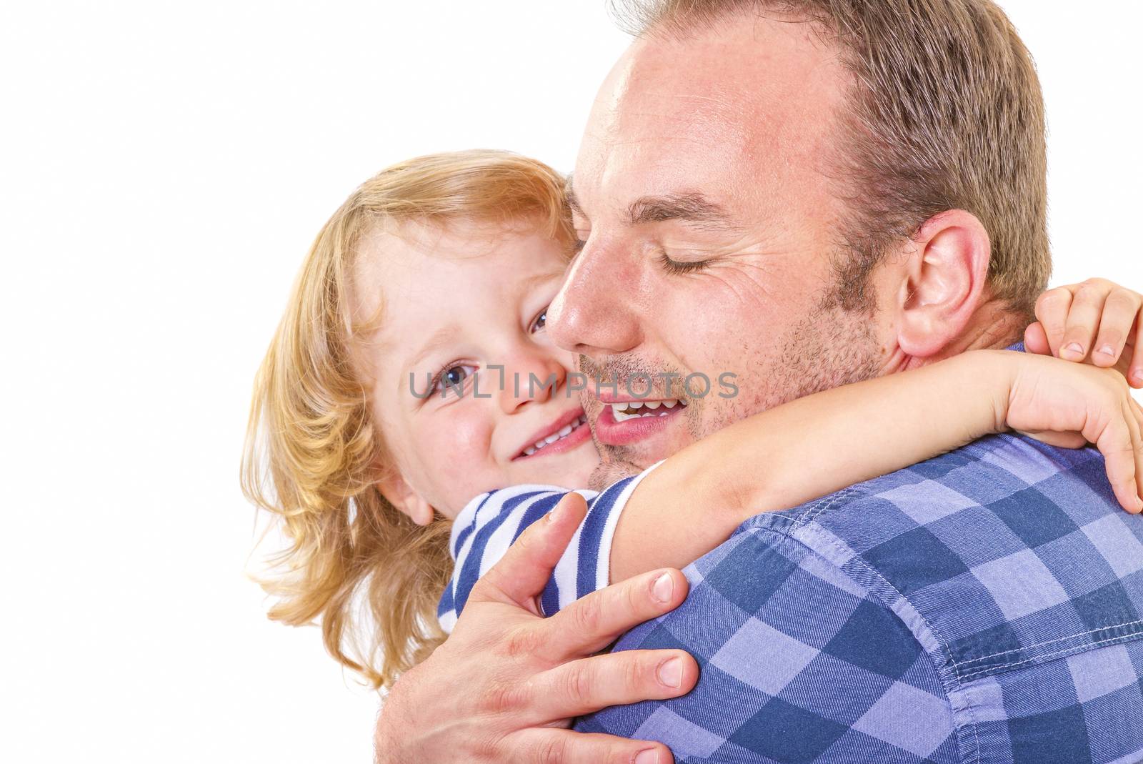 Father hugging his little son with love on white background