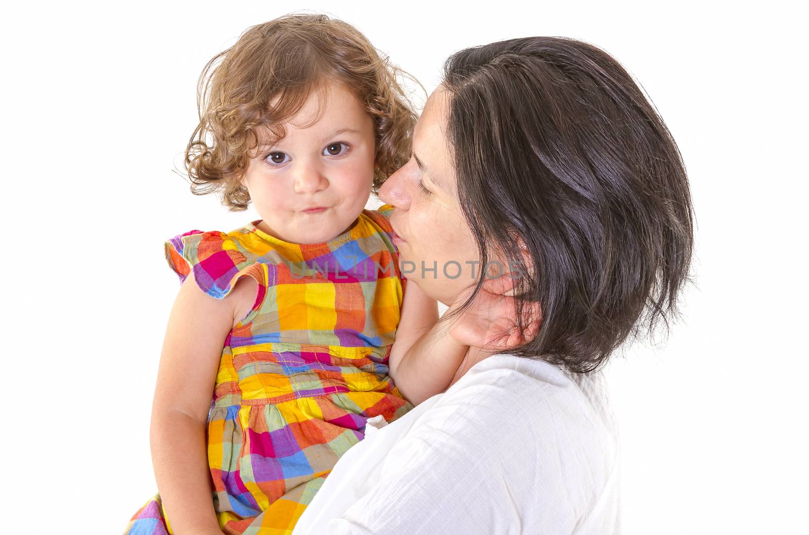 Mother teaching discipline her little daughter on white background