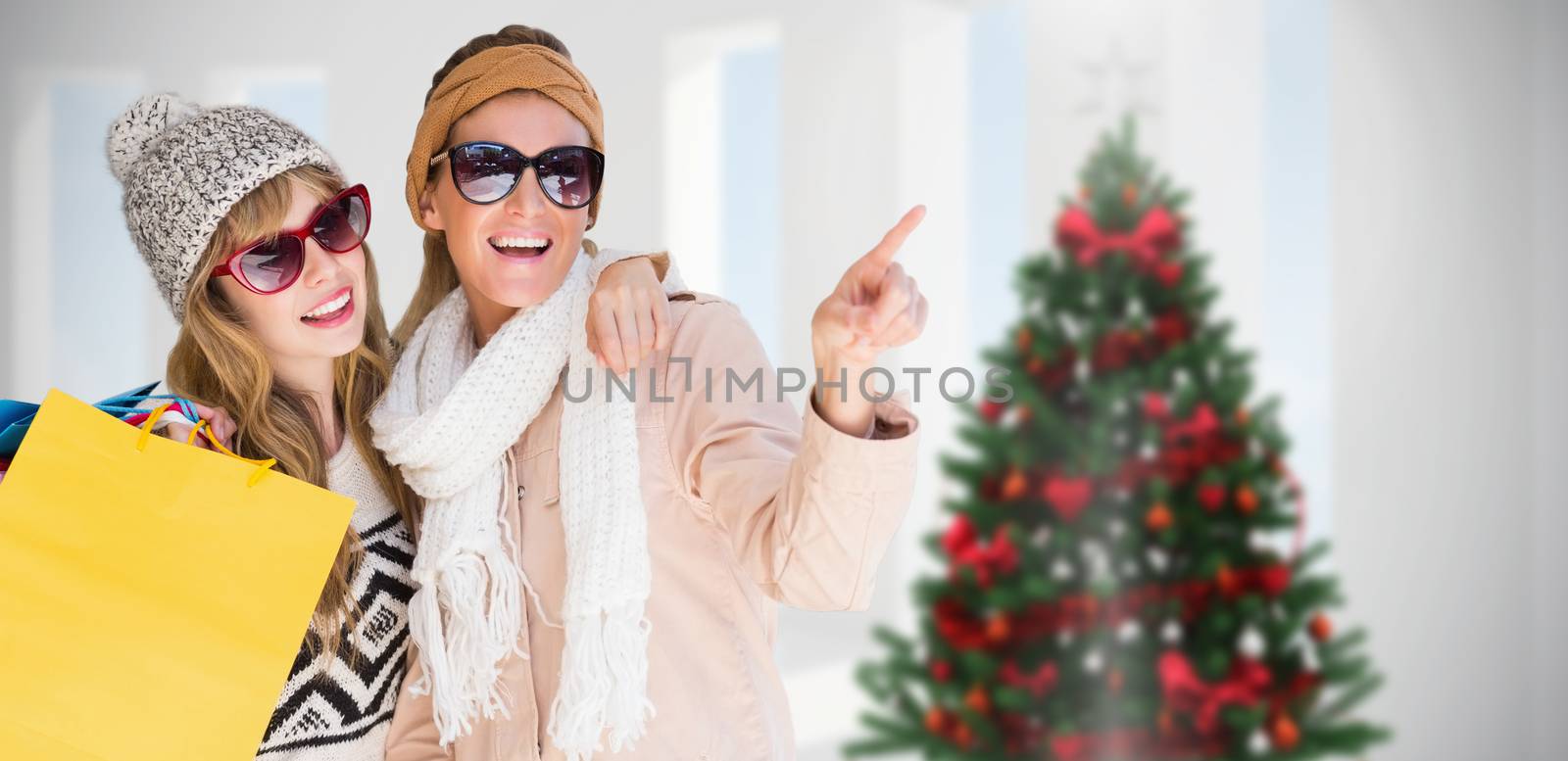 Beautiful women holding shopping bags pointing  against home with christmas tree