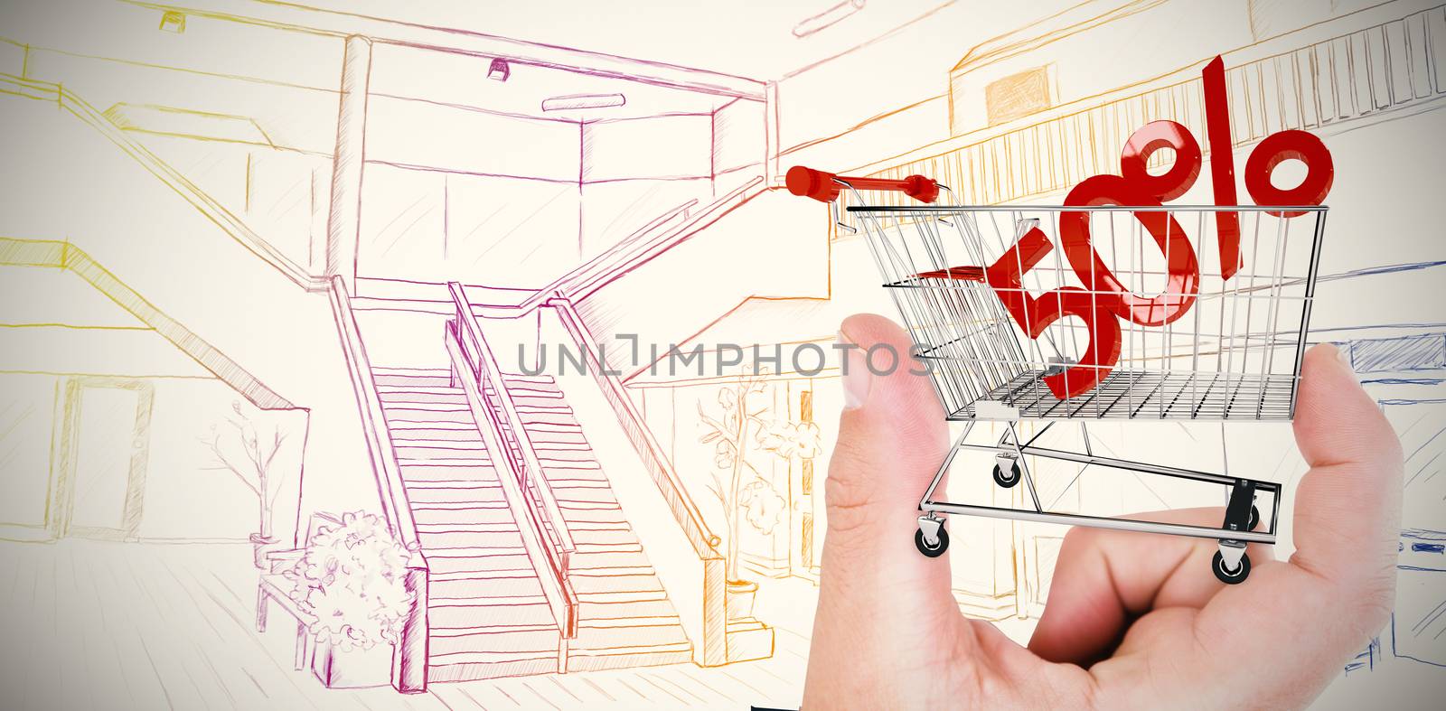 Hand showing wooden house against online shopping concept