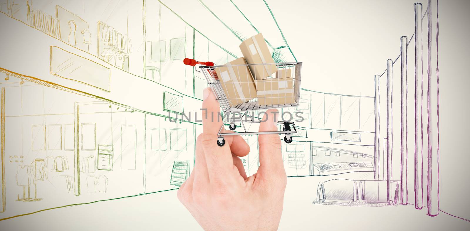 Hand showing house against online shopping concept