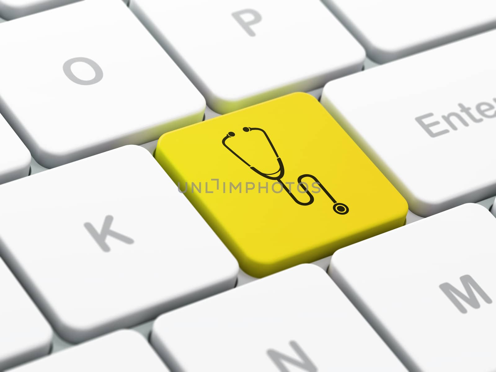 Healthcare concept: computer keyboard with Stethoscope icon on enter button background, selected focus, 3d render