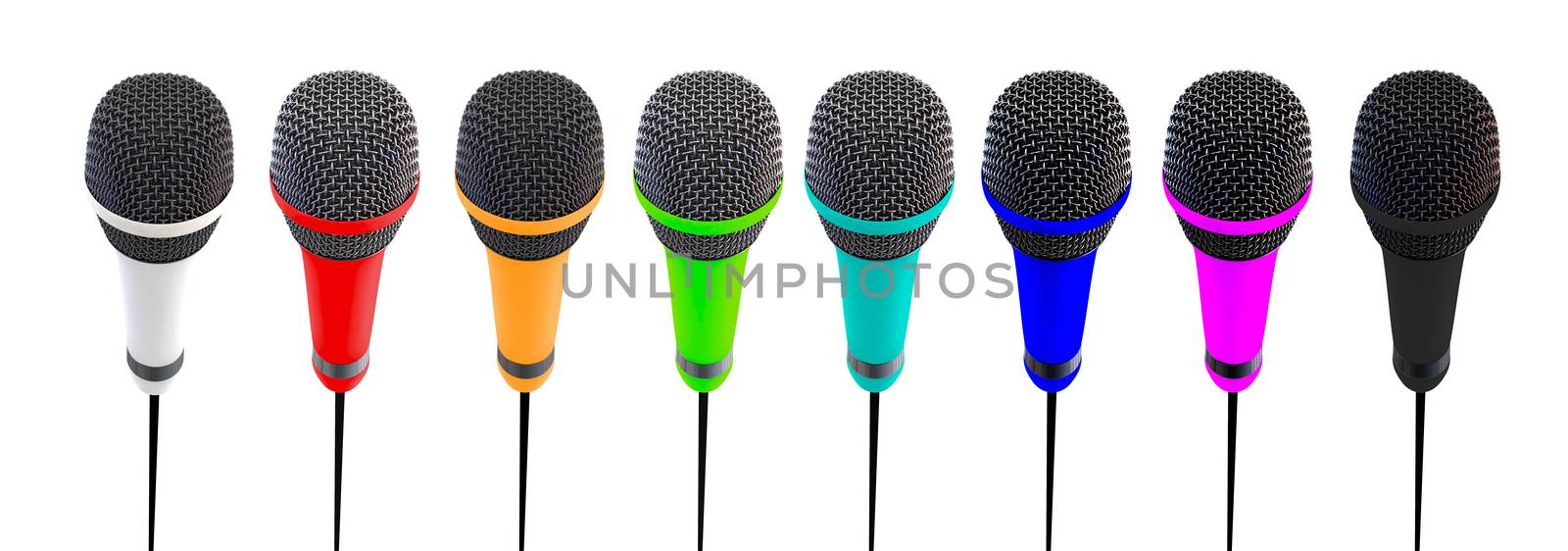 Several microphones aligned and colored. Microphones stand up.