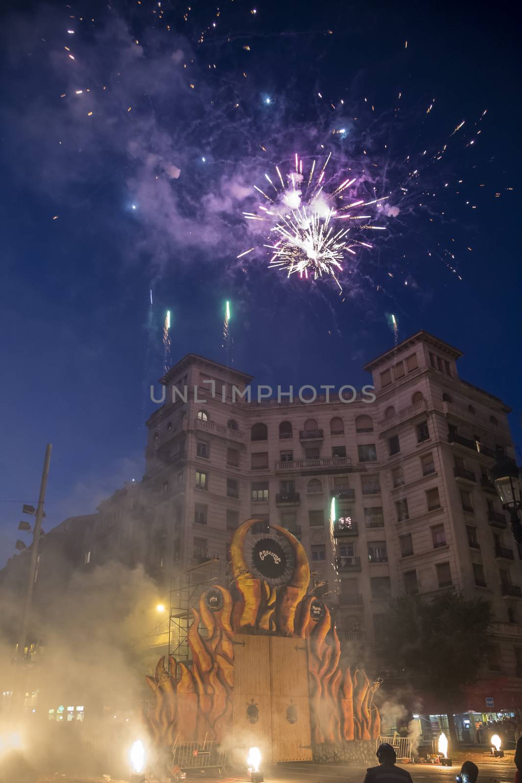 Barcelona, Spain- September 20, 2015:  Begining of the Fire Run or Correfoc, La Merce, Groups dress as devils and parade down the streets letting off fireworks.
