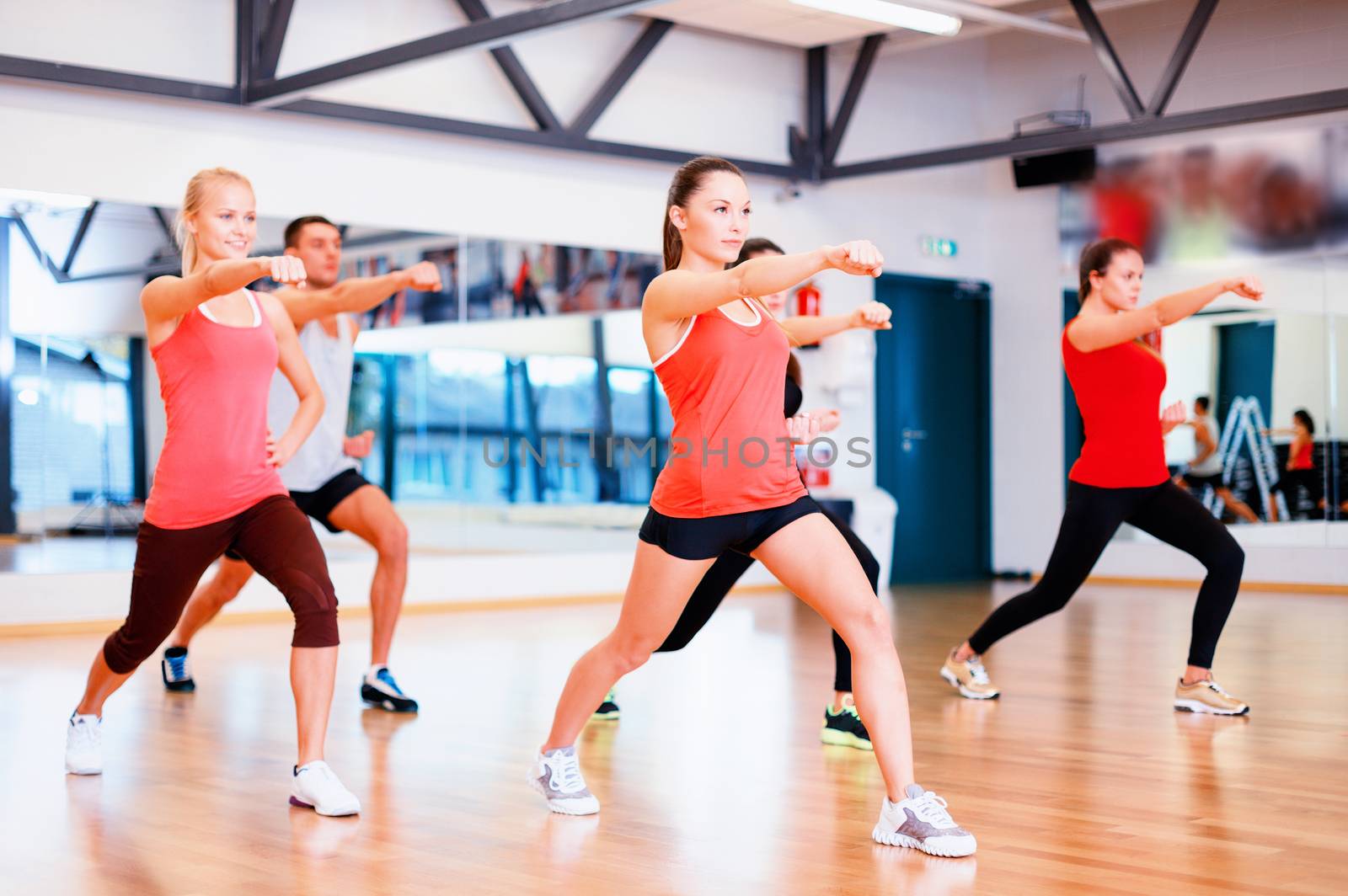 fitness, sport, training, gym and lifestyle concept - group of smiling people exercising in the gym