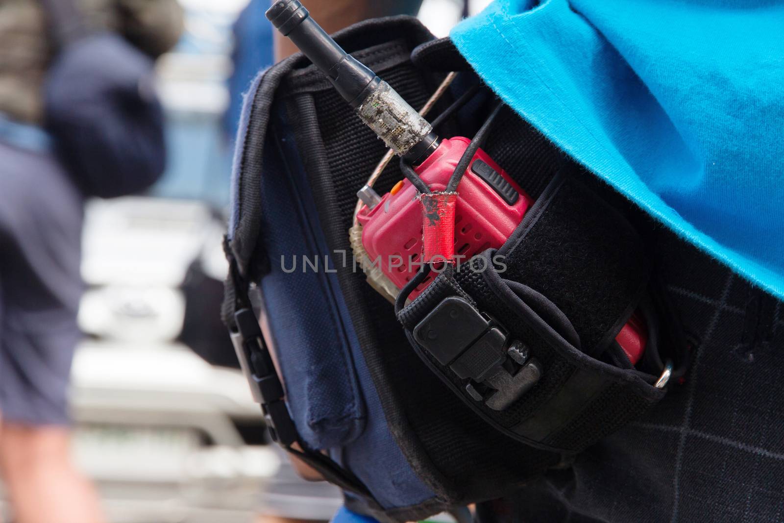Close-up of male with Walkie talkie