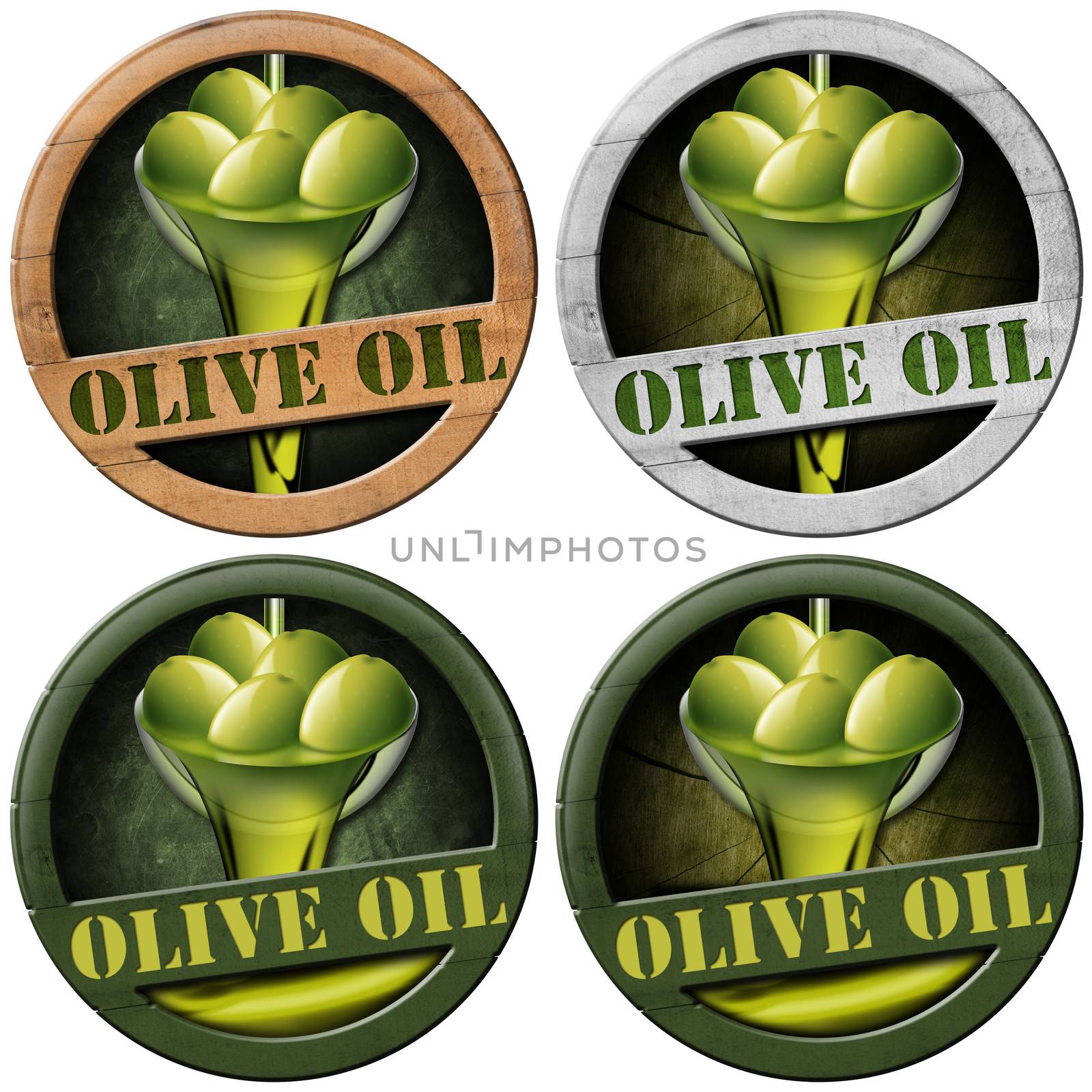 Collections of wooden icons or symbols with green olives and oil, text Olive oil. Isolated on white background