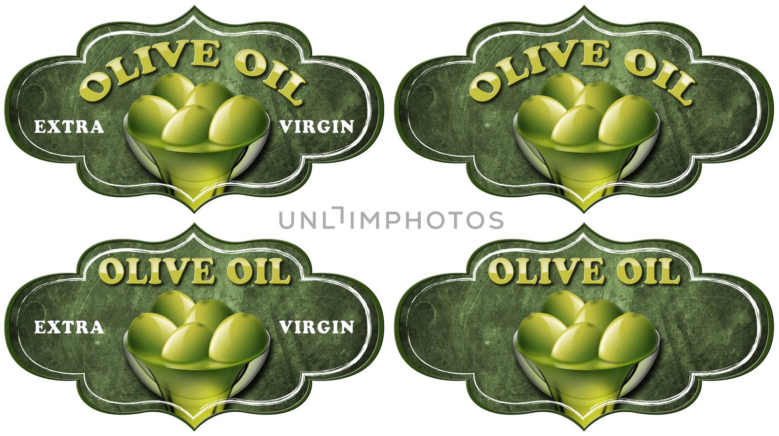 Collection of four labels with green olives and oil, text Olive oil and Extra virgin. Isolated on white background