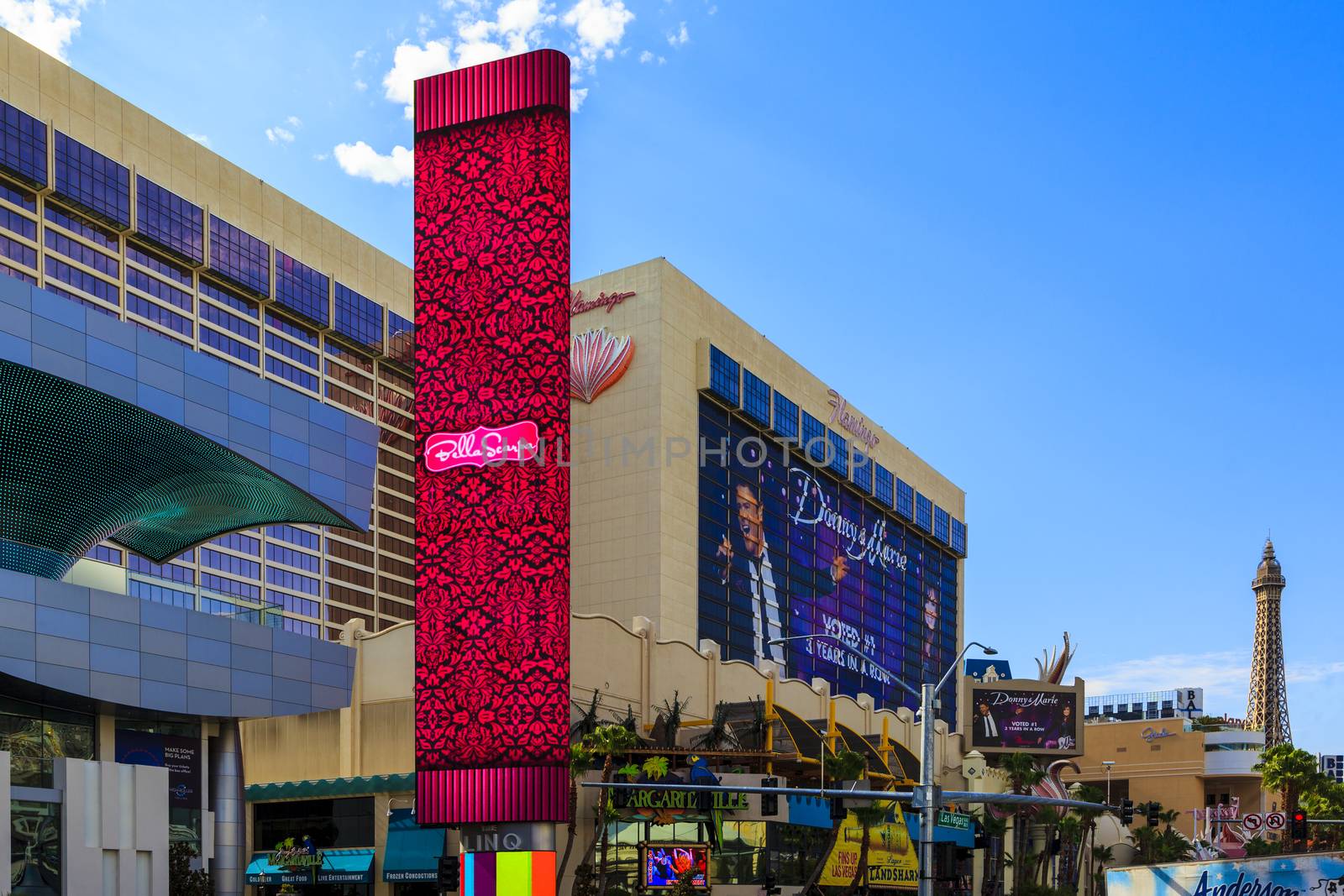 LAS VEGAS - JULY 7, 2015 -The LINQ Sign in Las Vegas. The LINQ is the open-air shopping and dining area leading up to The High Roller Wheel the world's largest observation wheel.