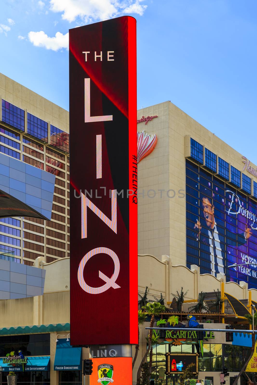 LAS VEGAS - JULY 7, 2015 -The LINQ Sign in Las Vegas. The LINQ is the open-air shopping and dining area leading up to The High Roller Wheel the world's largest observation wheel.