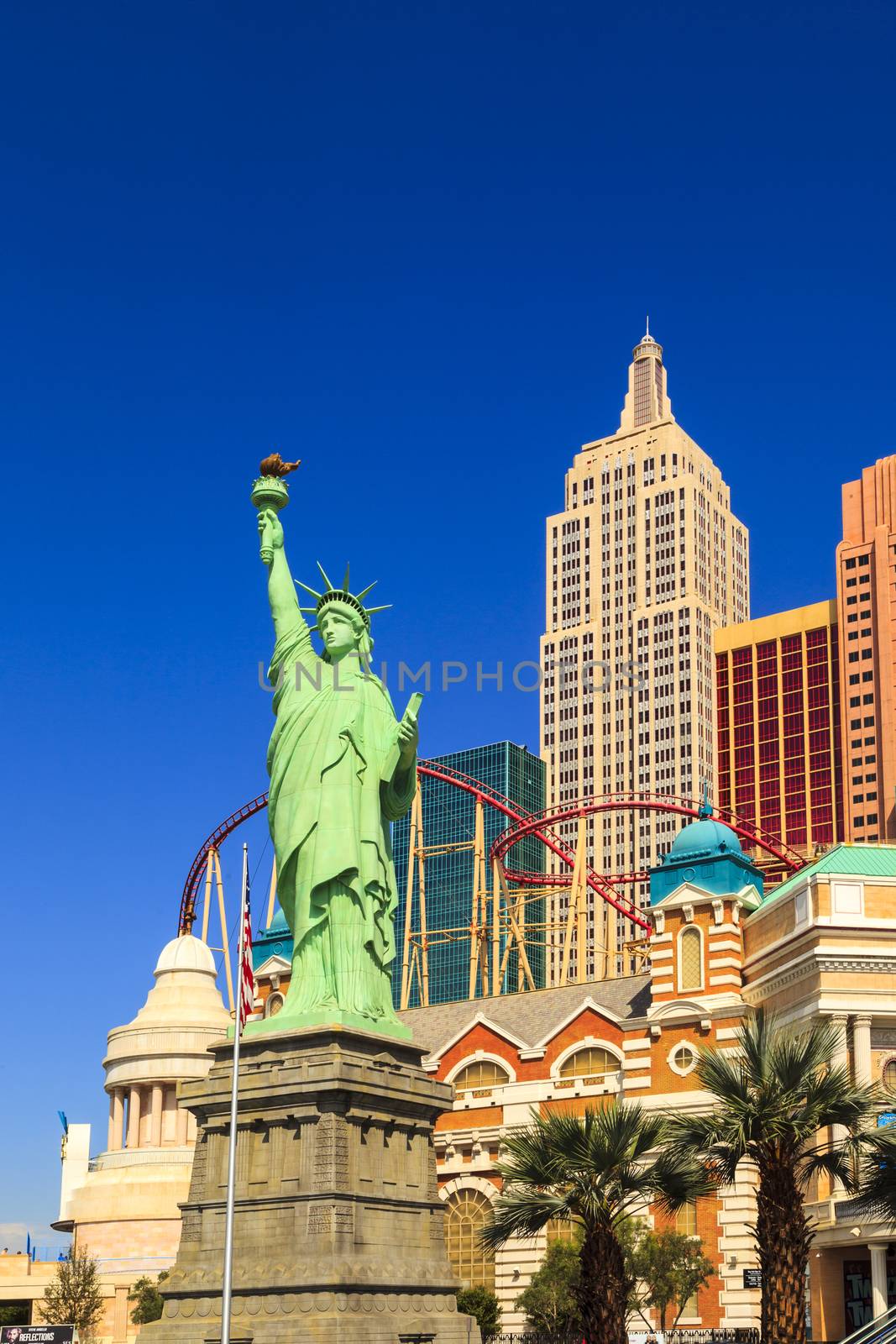 Las Vegas Nevada USA - JUN 9 2015: New York-New York Casino and Hotel architecture facade features many of the New York City icons in Las Vegas, About 40 million people visiting the city each year.