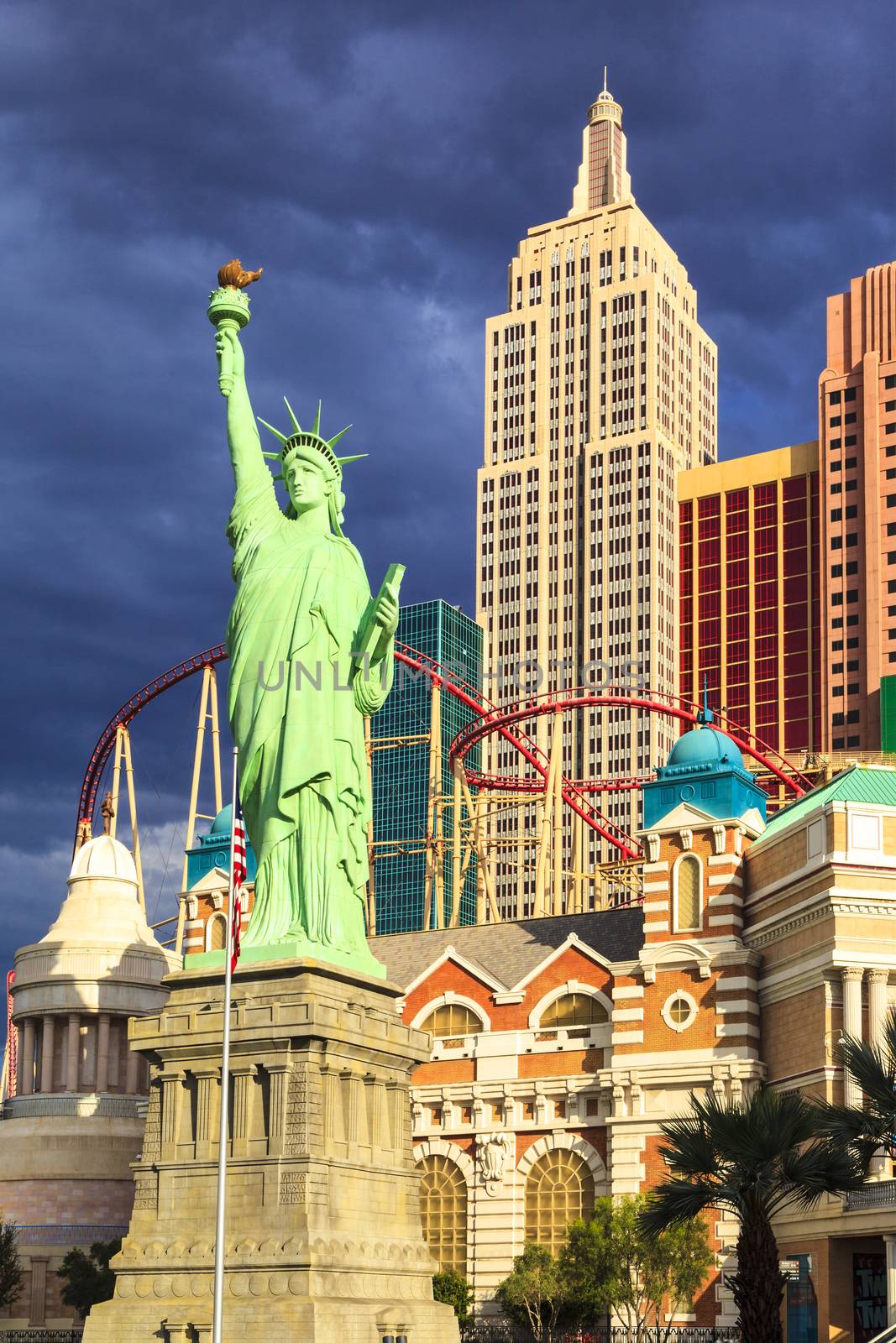 Las Vegas Nevada USA - JUN 9 2015: New York-New York Casino and Hotel architecture facade features many of the New York City icons in Las Vegas, About 40 million people visiting the city each year.