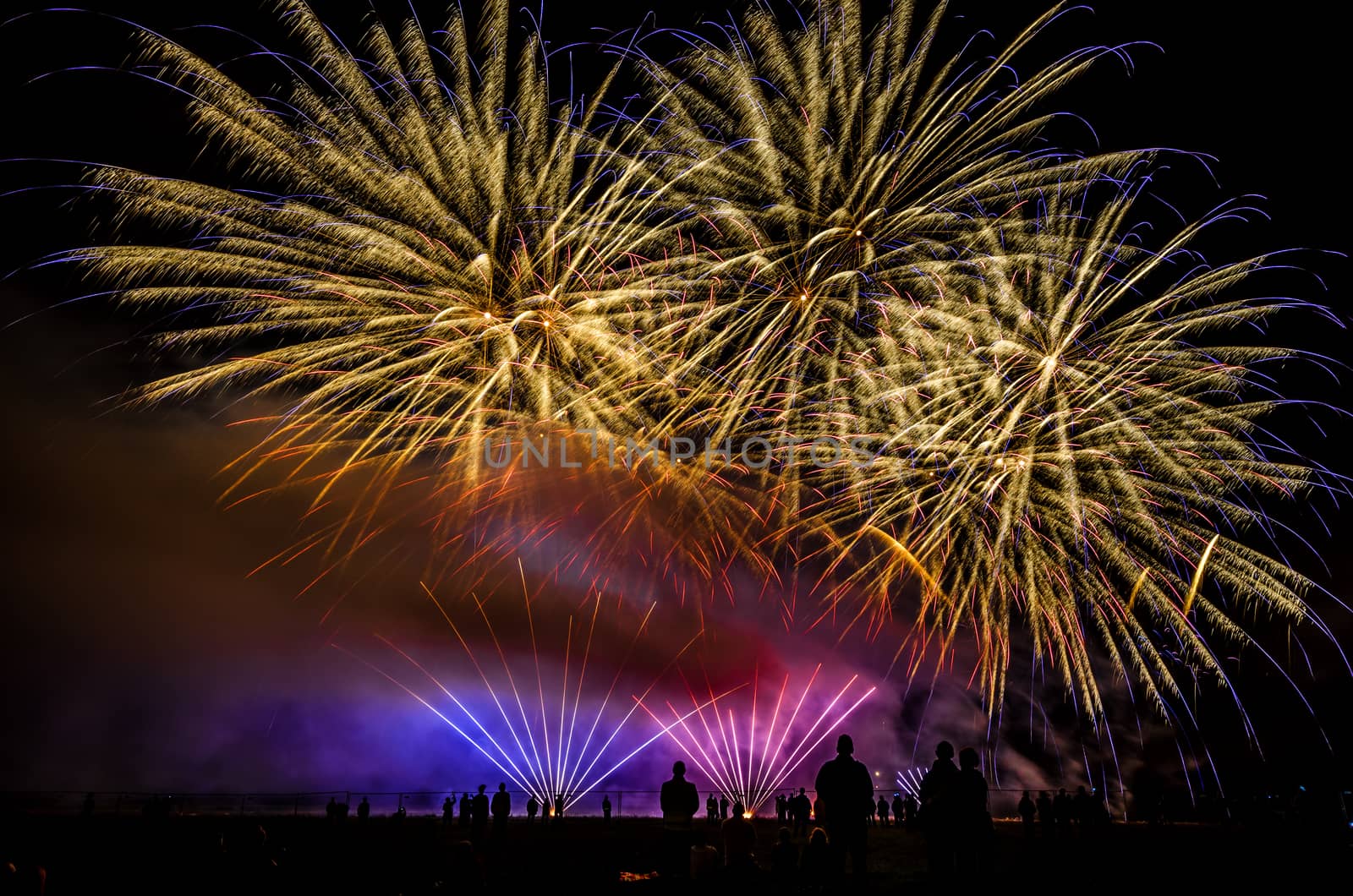 Colorful fireworks of various colors over night sky with spectators