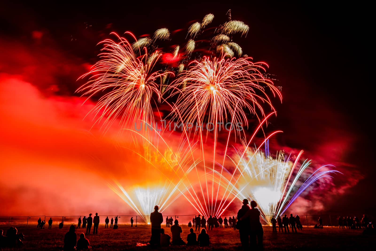 Colorful fireworks of various colors over night sky with spectators