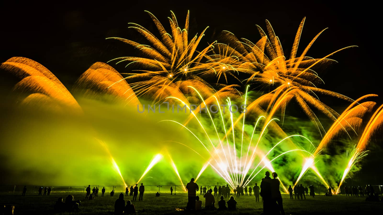 Colorful fireworks of various colors over night sky with spectators