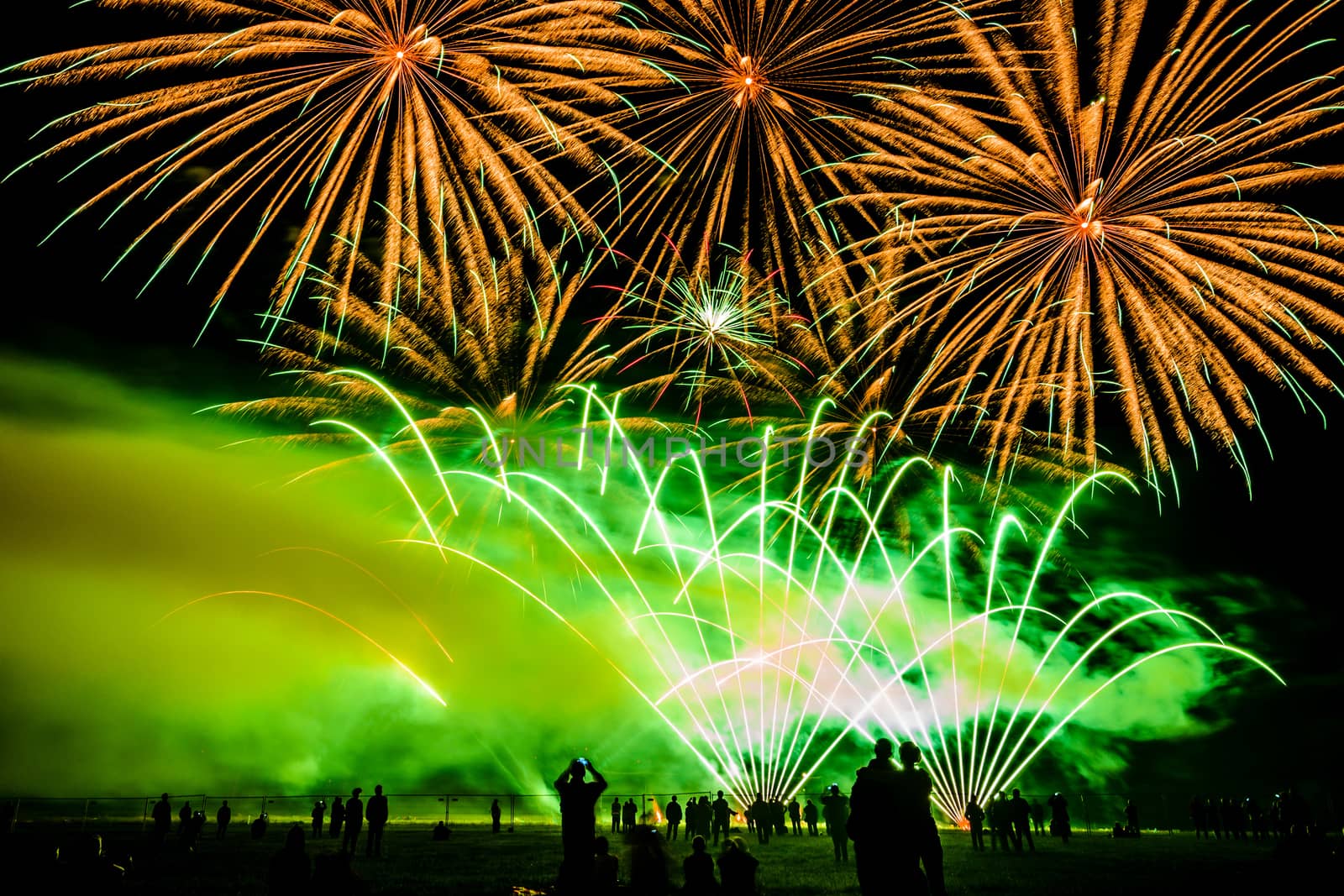 Colorful fireworks of various colors over night sky with spectators