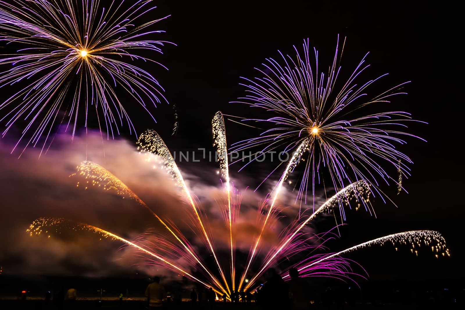 Colorful fireworks of various colors over night sky with spectators