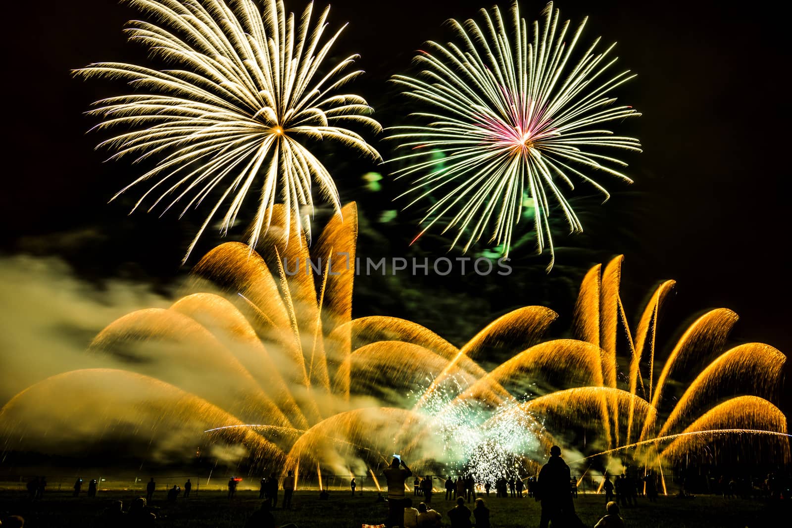 Colorful fireworks of various colors over night sky with spectators