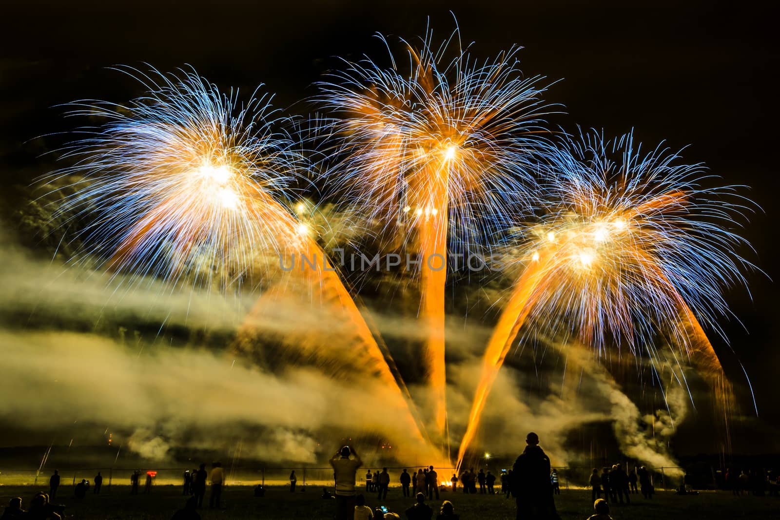 Colorful fireworks of various colors over night sky with spectators