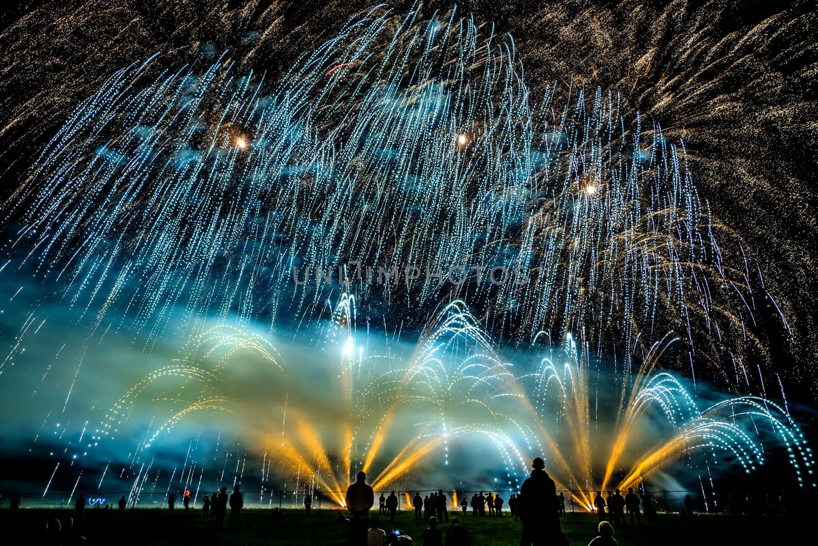 Colorful fireworks of various colors over night sky with spectators