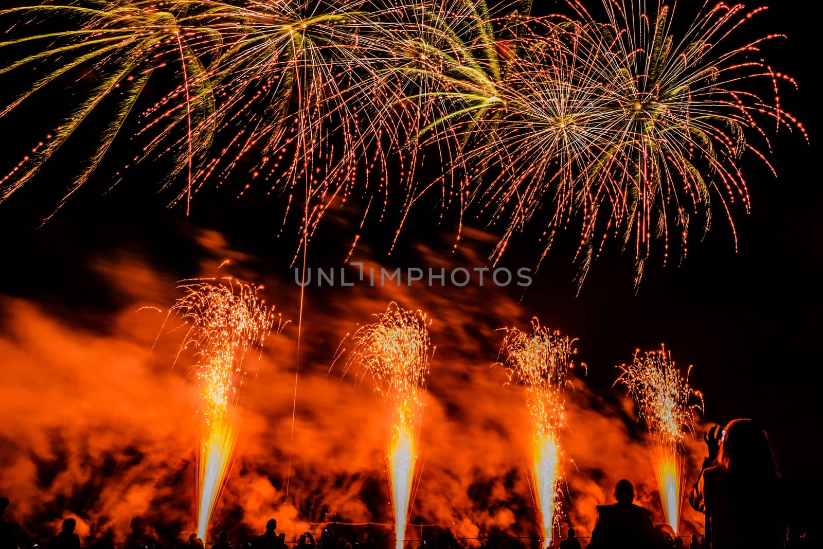 Colorful fireworks of various colors over night sky with spectators