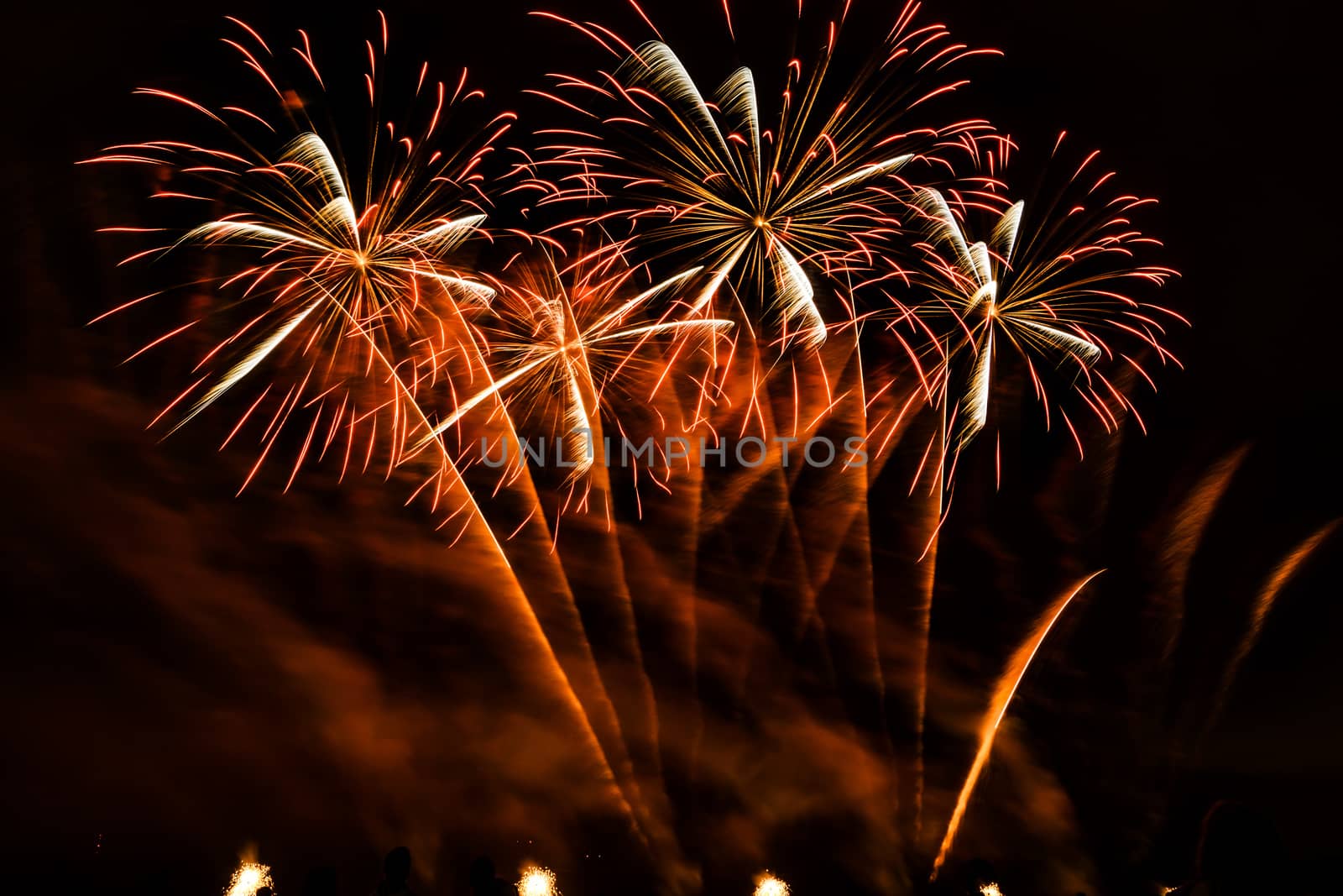 Colorful fireworks of various colors over night sky with spectators