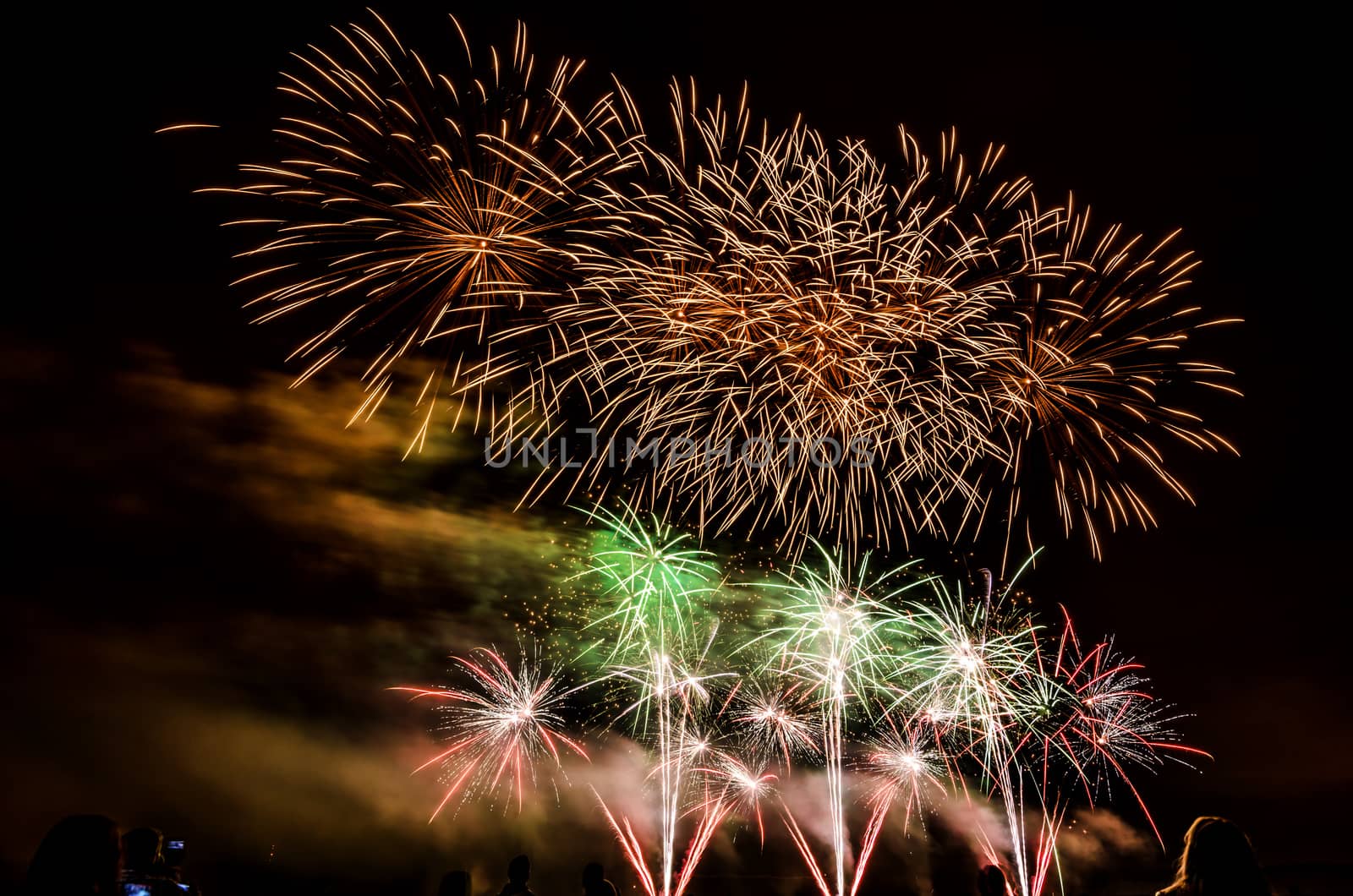 Colorful fireworks of various colors over night sky with spectators