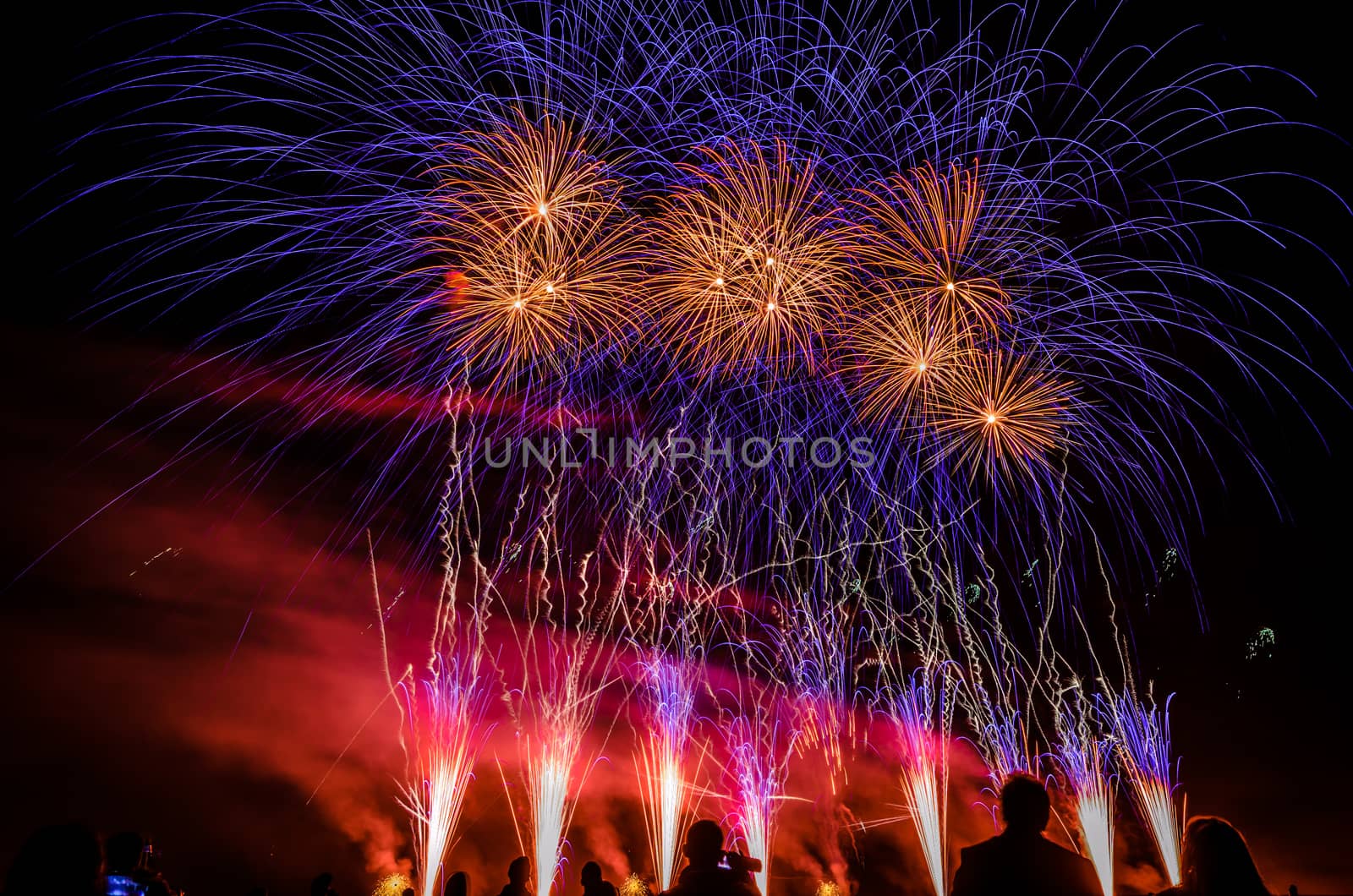 Colorful fireworks of various colors over night sky with spectators