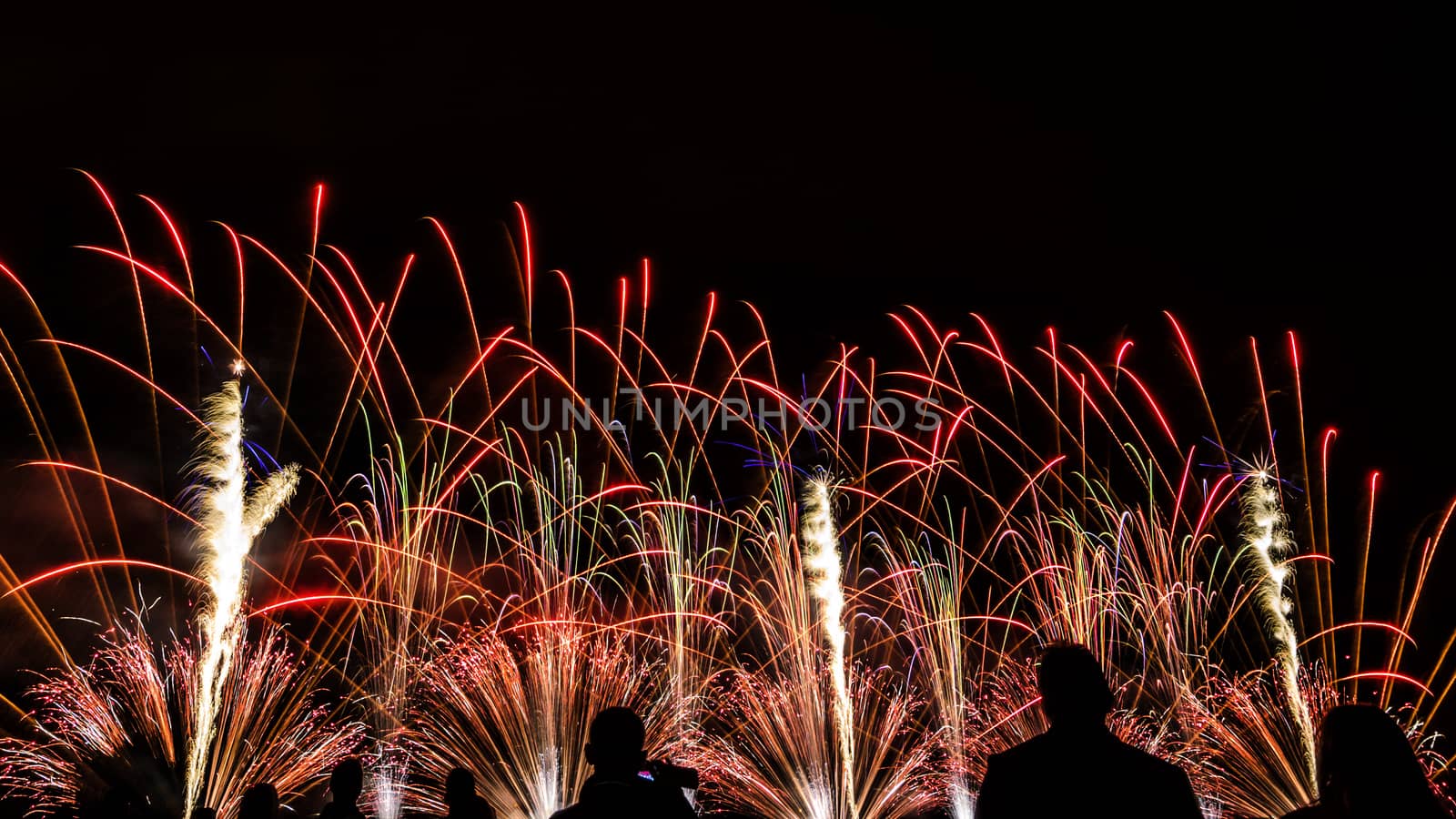 Colorful fireworks of various colors over night sky with spectators