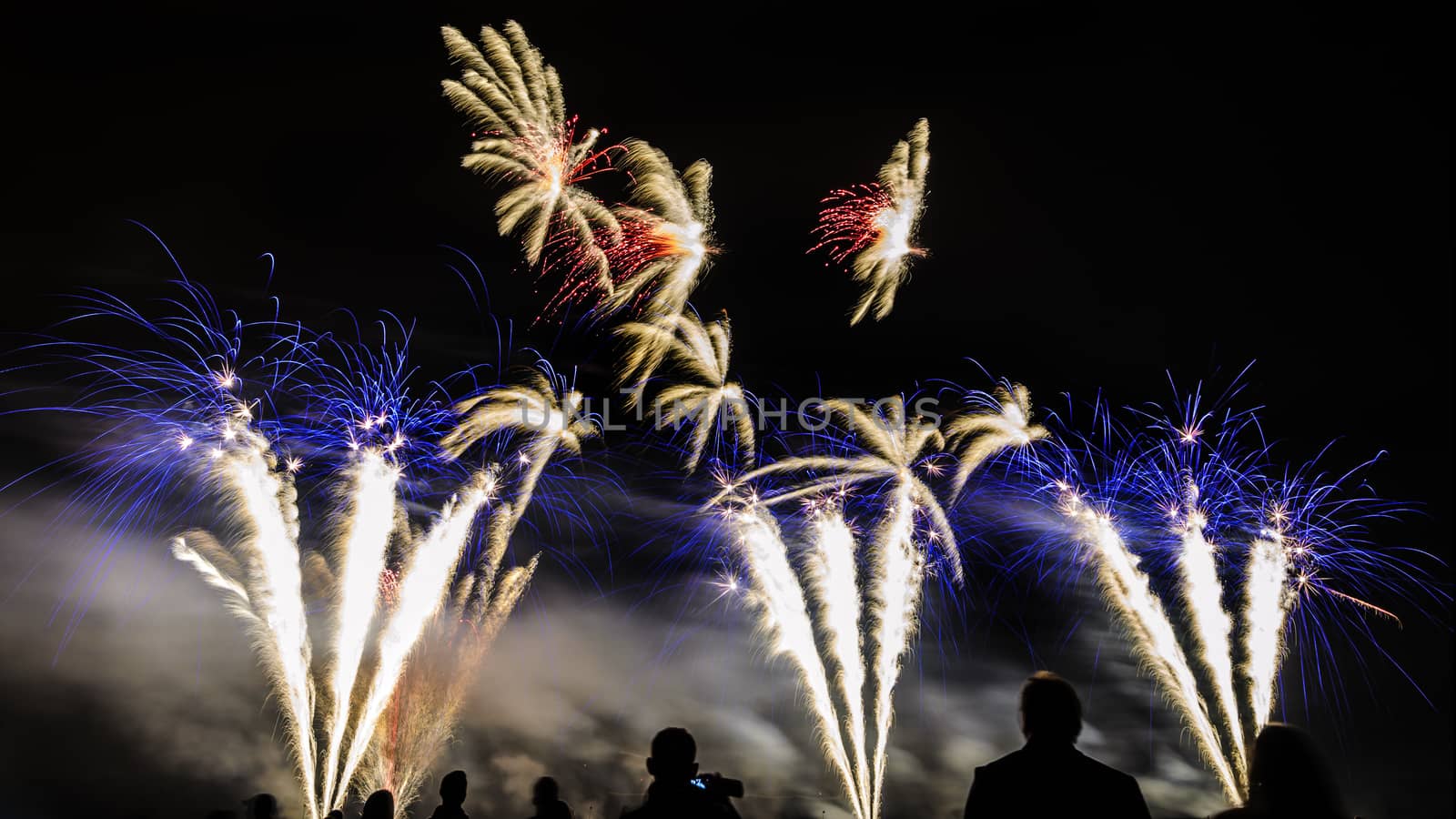 Colorful fireworks of various colors over night sky with spectators