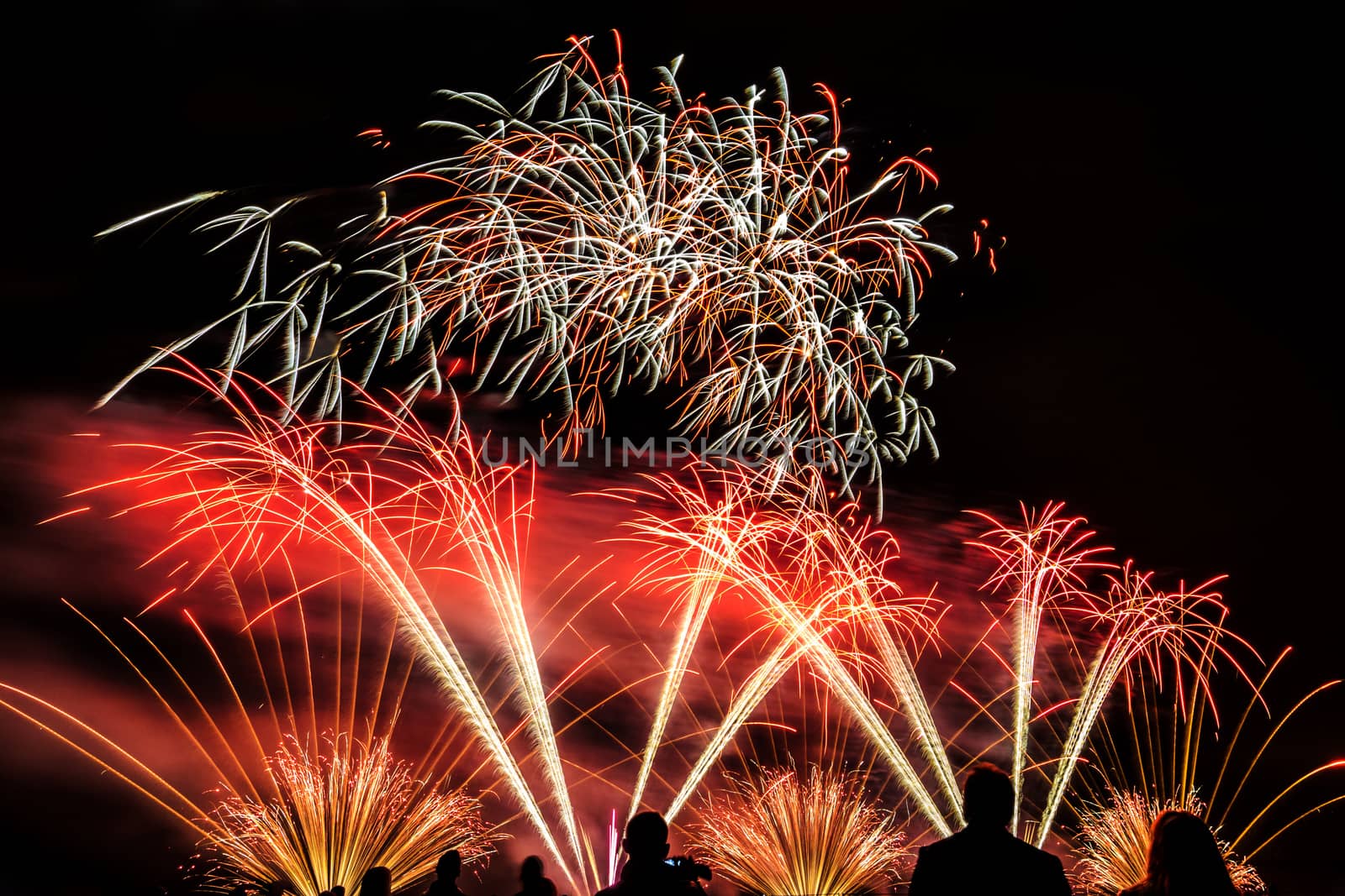 Colorful fireworks of various colors over night sky with spectators