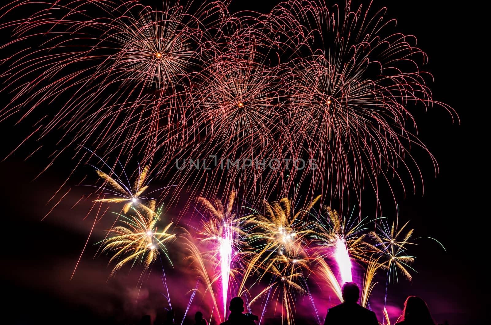 Colorful fireworks of various colors over night sky with spectators