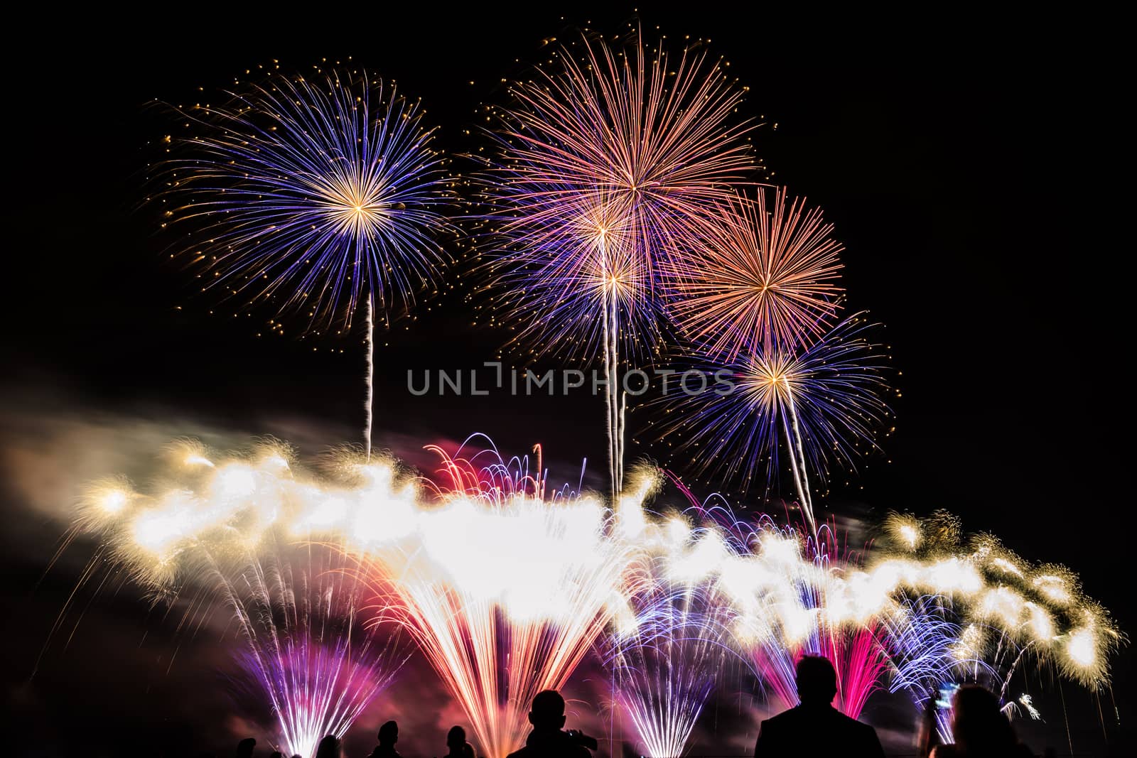 Colorful fireworks of various colors over night sky with spectators