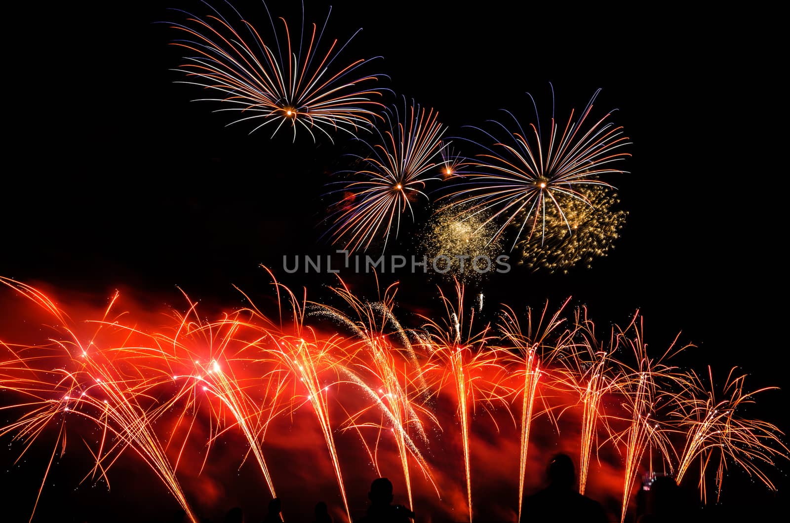 Colorful fireworks of various colors over night sky with spectators