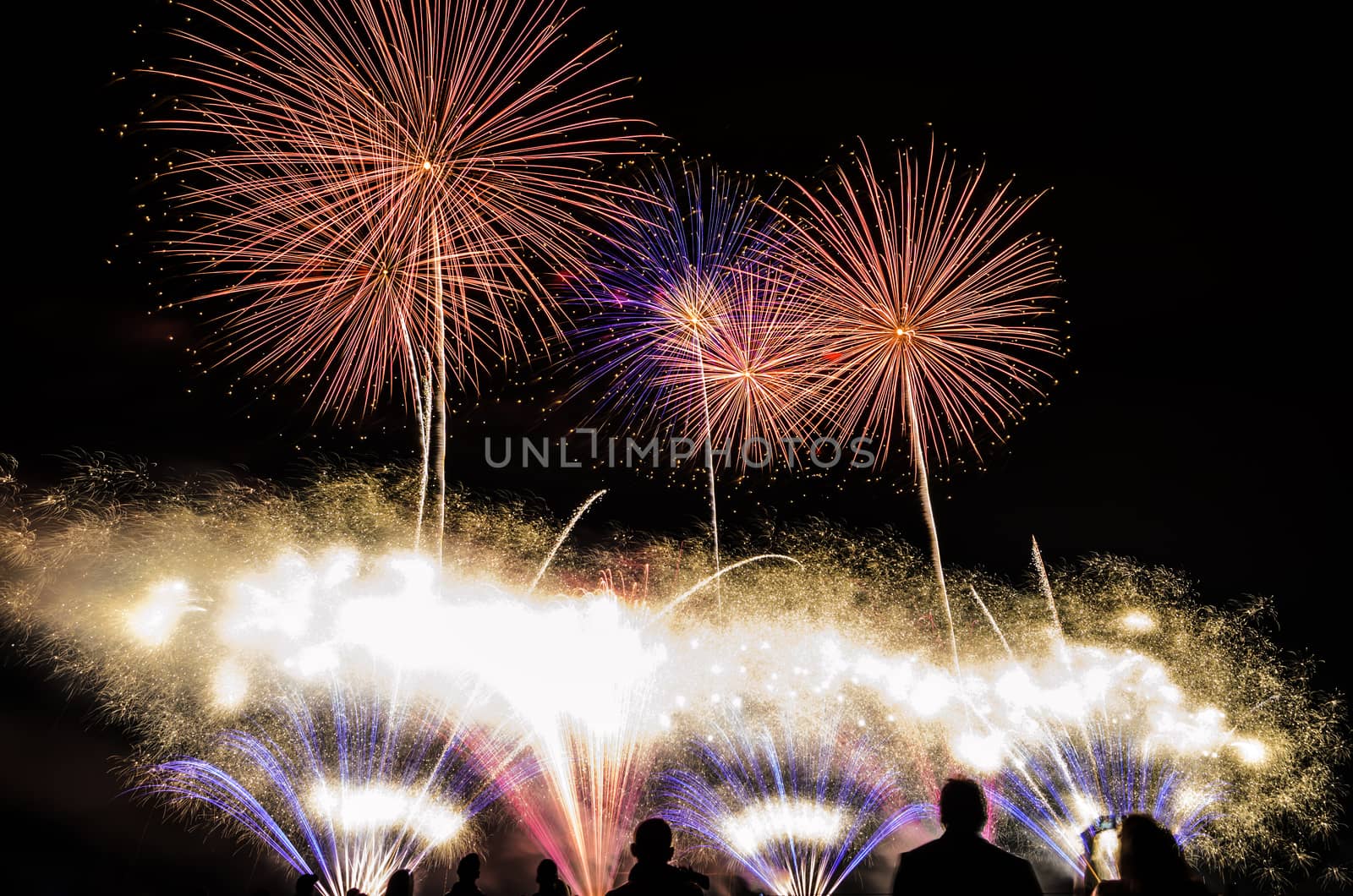 Colorful fireworks of various colors over night sky with spectators