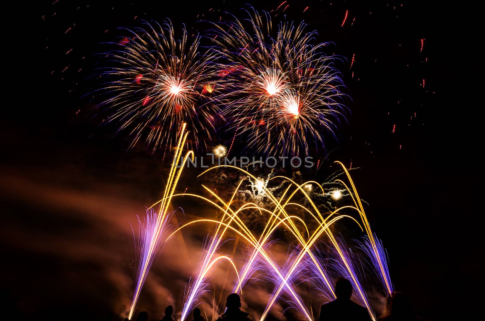 Colorful fireworks of various colors over night sky with spectators