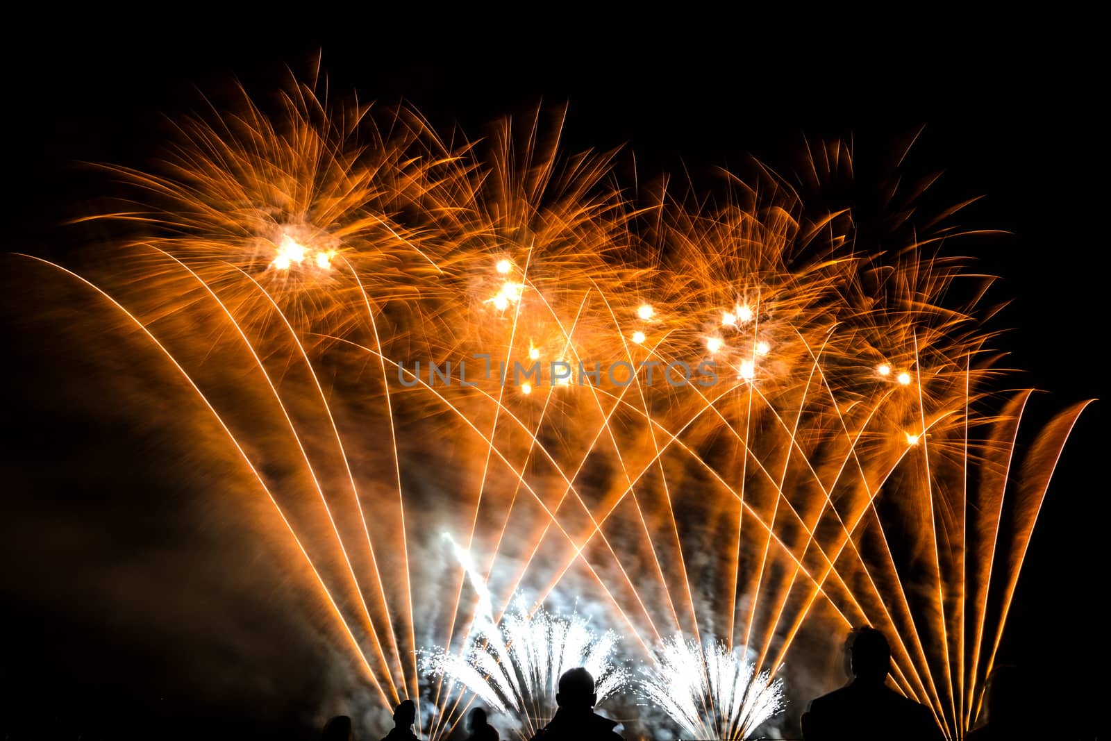 Colorful fireworks of various colors over night sky with spectators