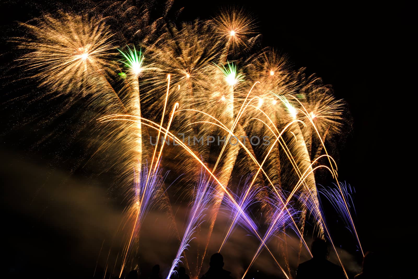 Colorful fireworks of various colors over night sky with spectators